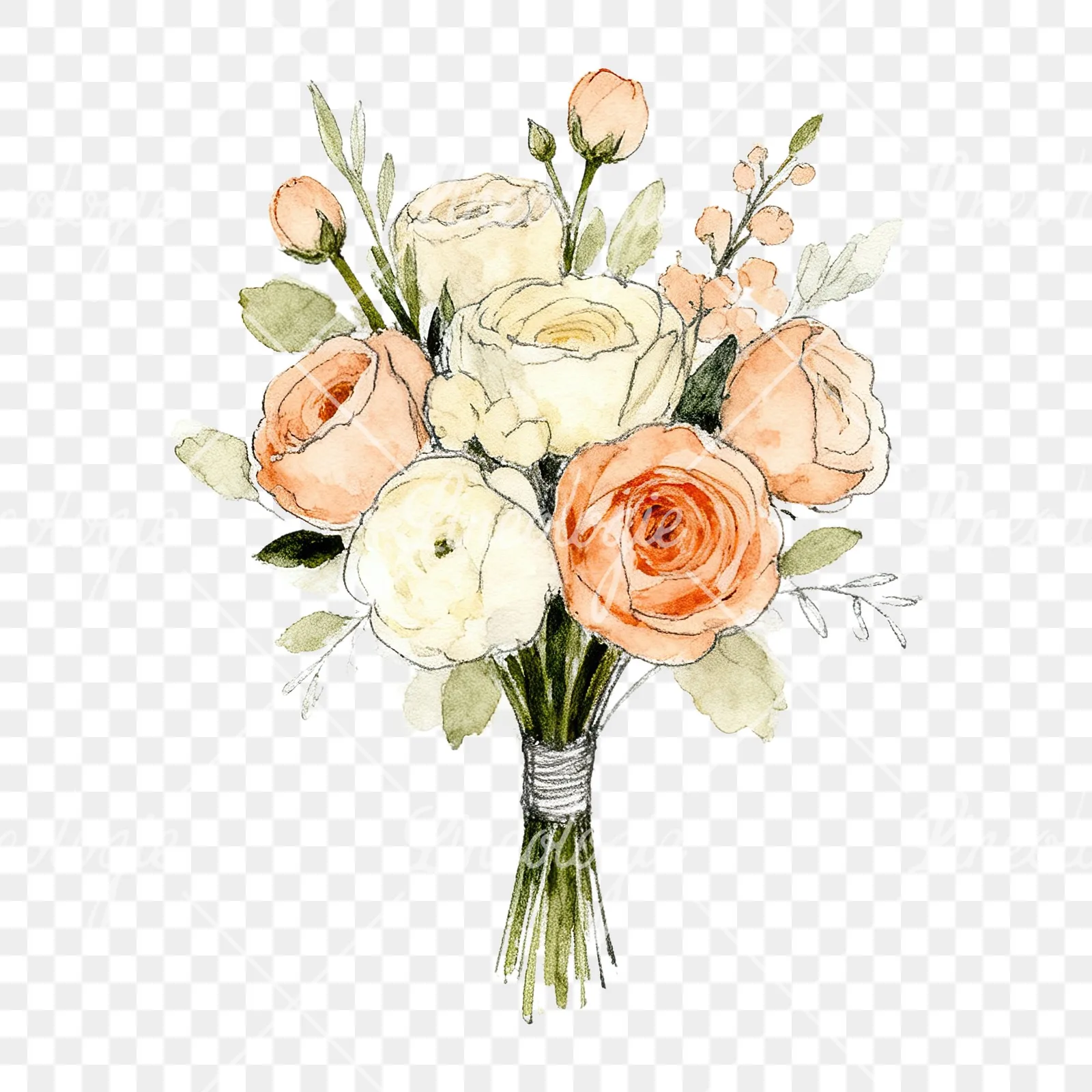 Watercolor peach and cream wedding bouquet with white flowers clipart 4 of 9 on a transparent background (PNG)