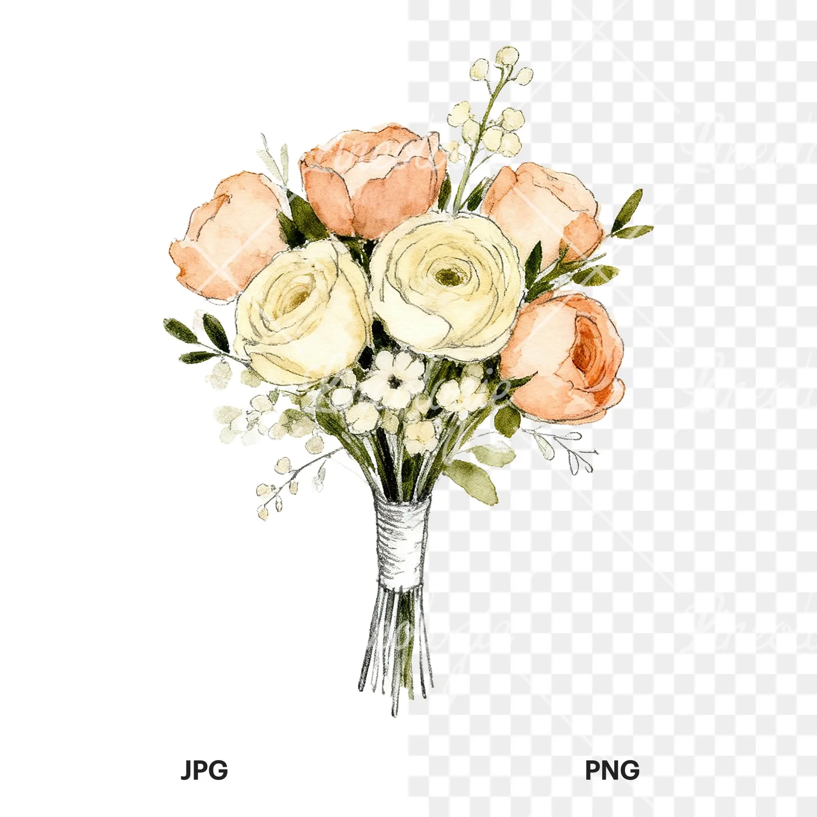 Watercolor peach and cream wedding bouquet with white flowers clipart 5 of 9, as a JPG on white and a transparent PNG