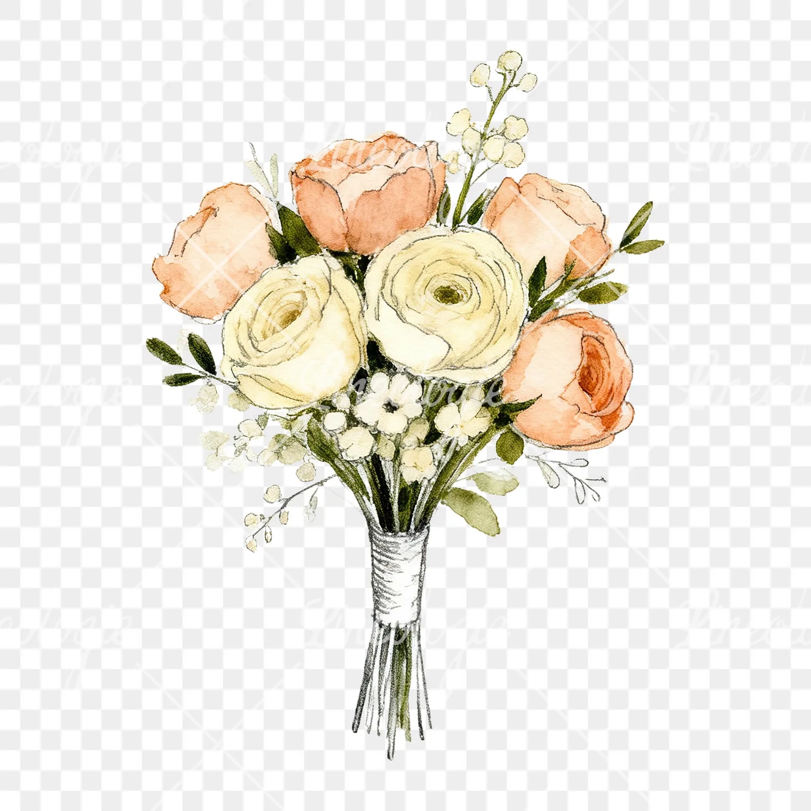 Watercolor peach and cream wedding bouquet with white flowers clipart 5 of 9 on a transparent background (PNG)