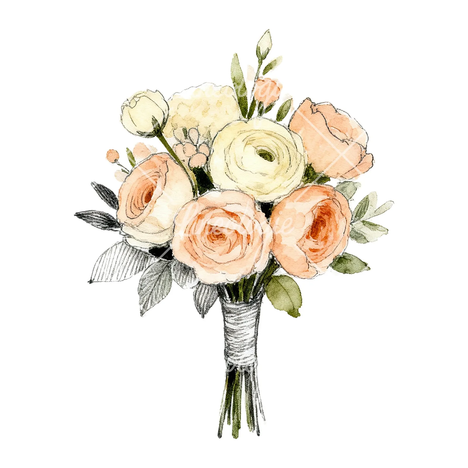 Watercolor peach and cream wedding bouquet with white flowers clipart 6 of 9 on a white background (JPG)