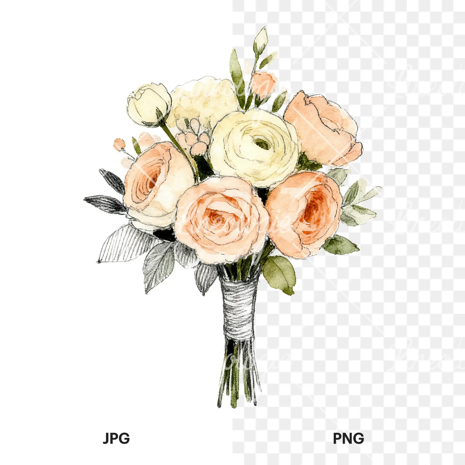 Watercolor peach and cream wedding bouquet with white flowers clipart 6 of 9, as a JPG on white and a transparent PNG