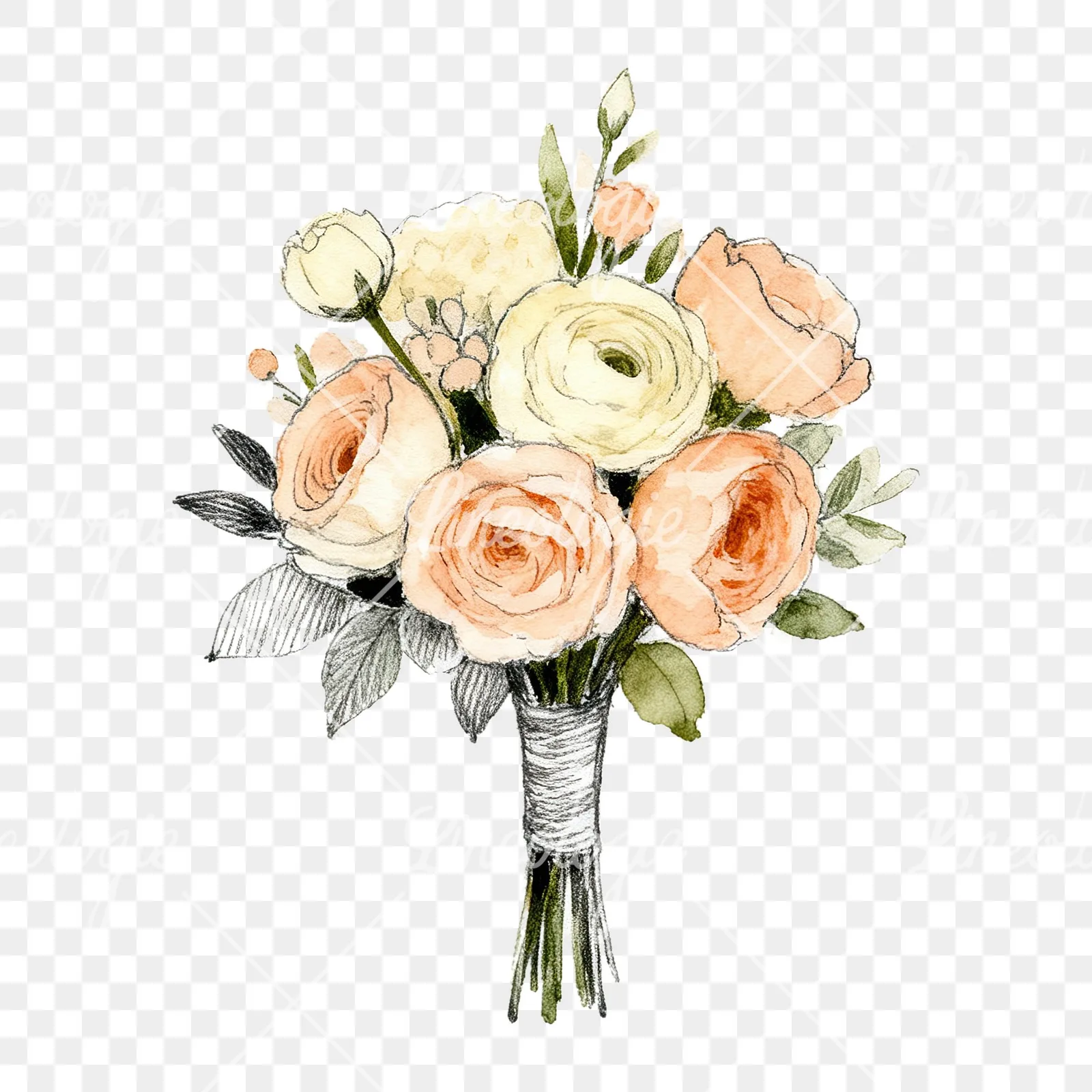 Watercolor peach and cream wedding bouquet with white flowers clipart 6 of 9 on a transparent background (PNG)