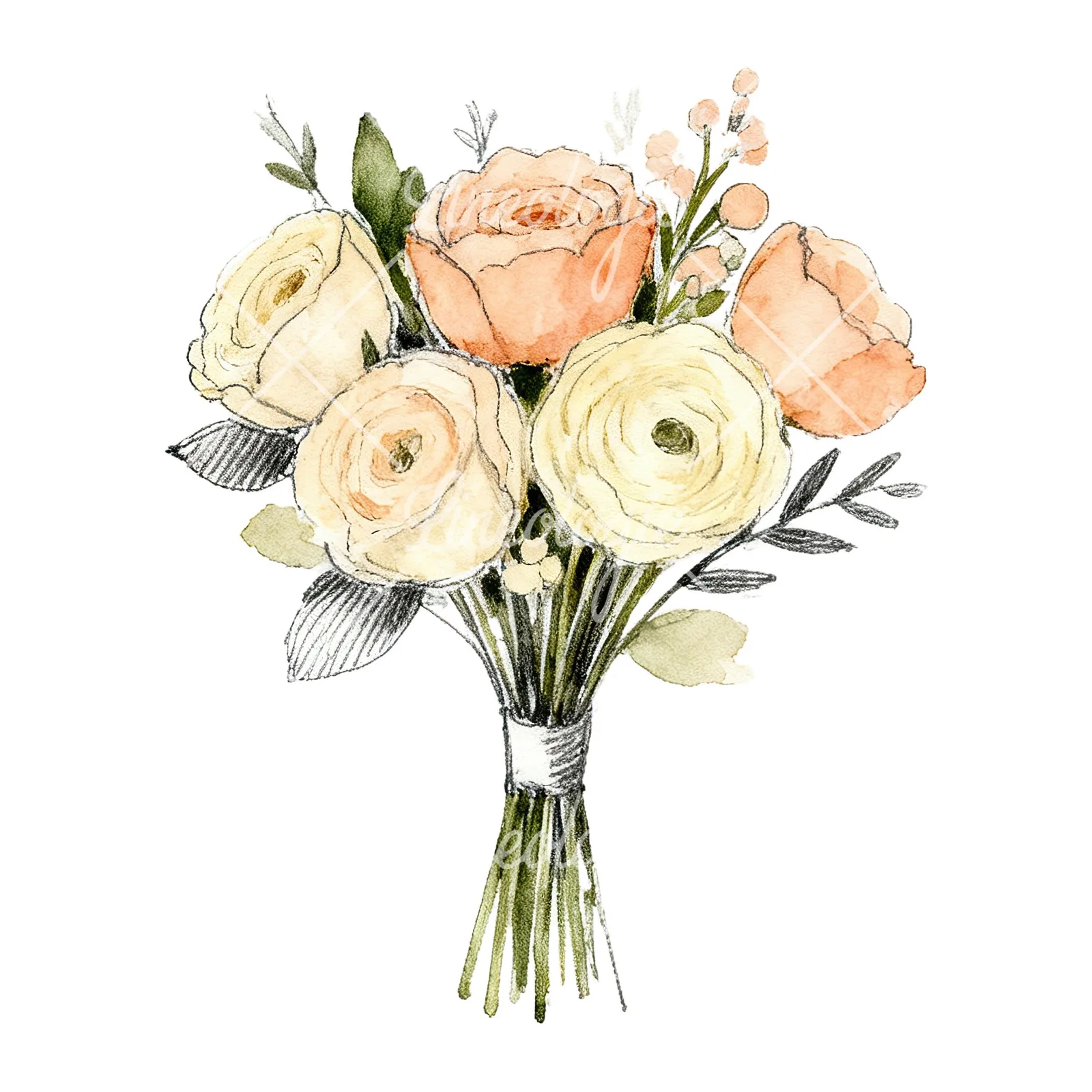 Watercolor peach and cream wedding bouquet with white flowers clipart 7 of 9 on a white background (JPG)