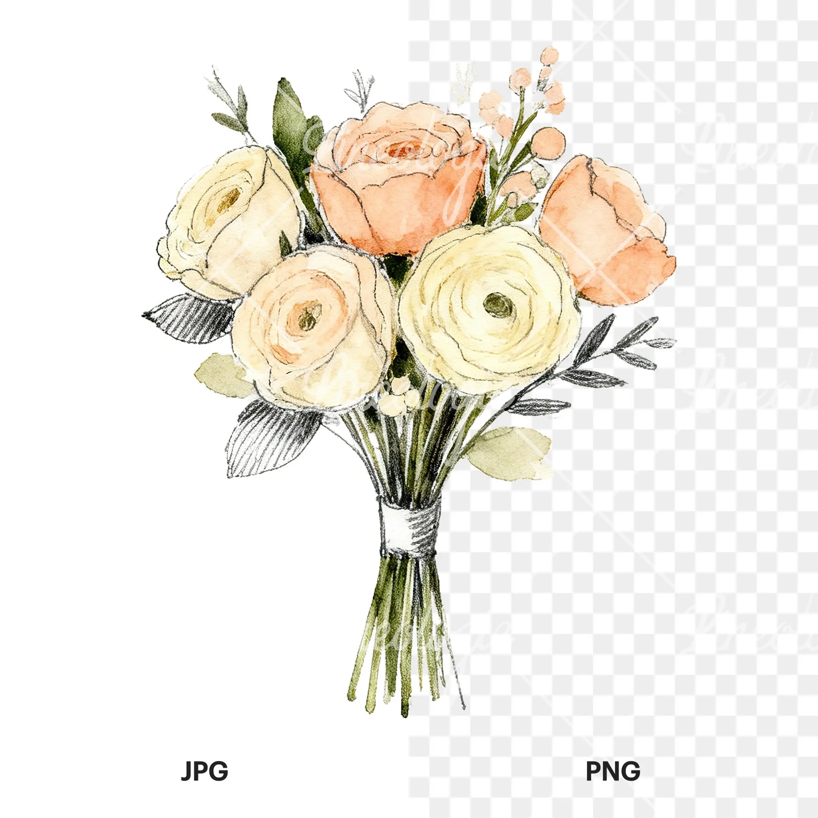 Watercolor peach and cream wedding bouquet with white flowers clipart 7 of 9, as a JPG on white and a transparent PNG