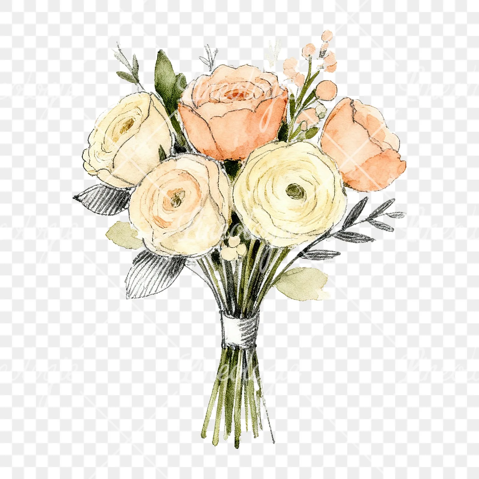 Watercolor peach and cream wedding bouquet with white flowers clipart 7 of 9 on a transparent background (PNG)