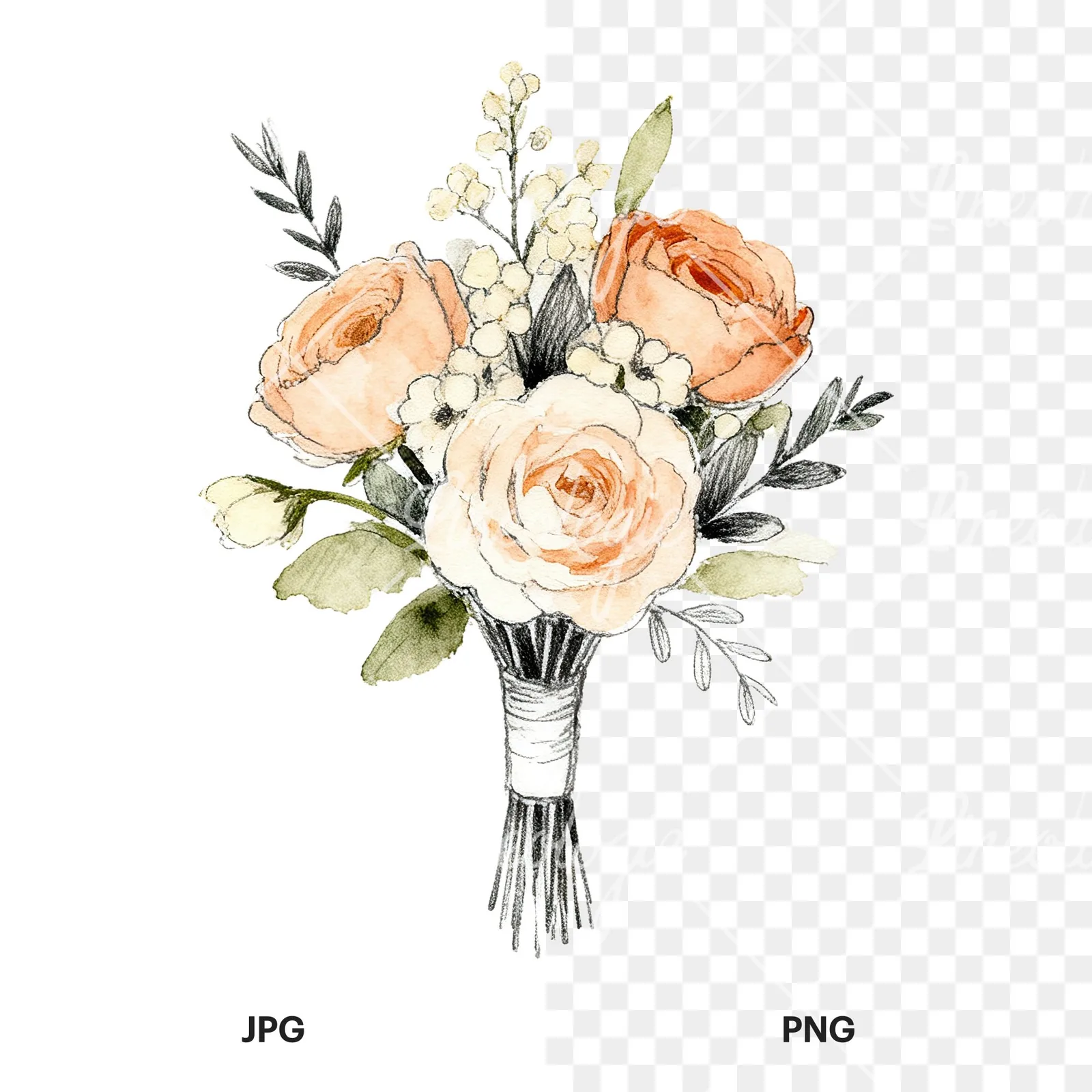 Watercolor peach and cream wedding bouquet with white flowers clipart 8 of 9, as a JPG on white and a transparent PNG