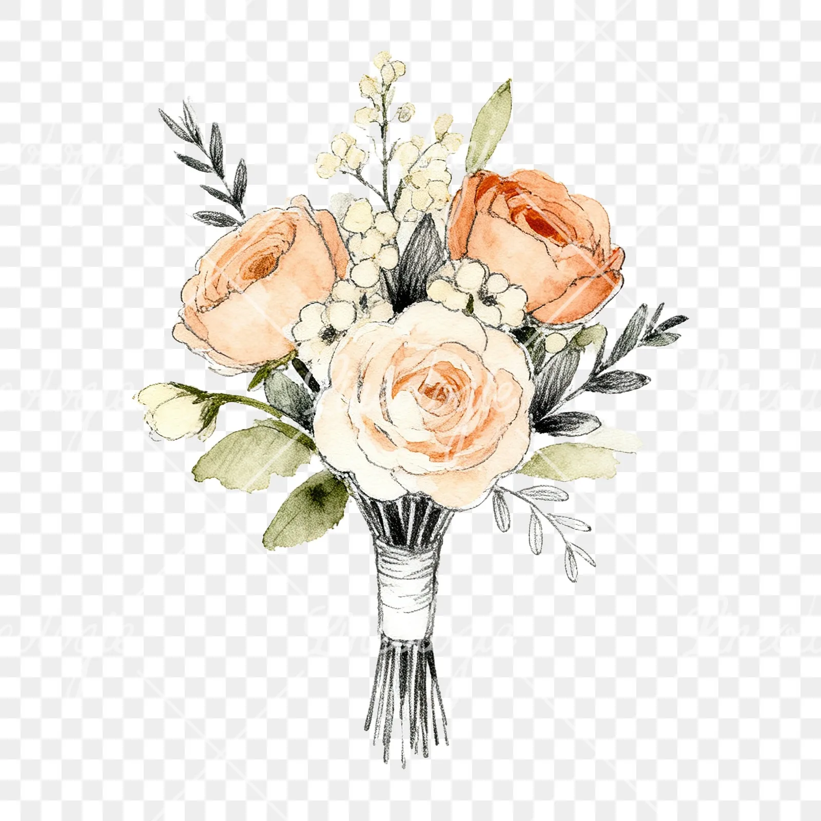 Watercolor peach and cream wedding bouquet with white flowers clipart 8 of 9 on a transparent background (PNG)