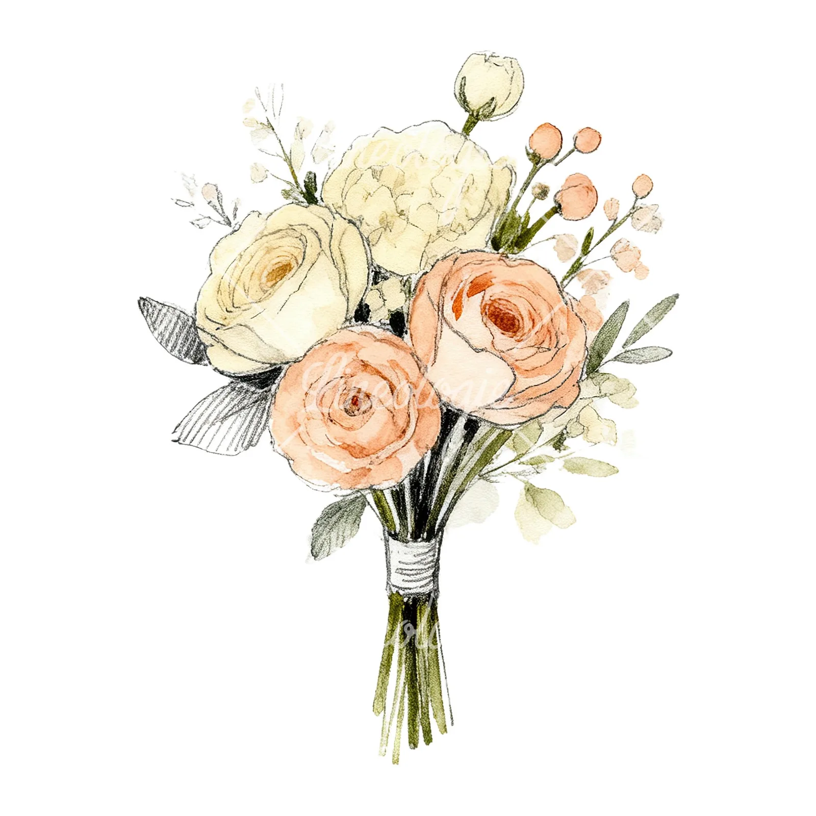 Watercolor peach and cream wedding bouquet with white flowers clipart 9 of 9 on a white background (JPG)