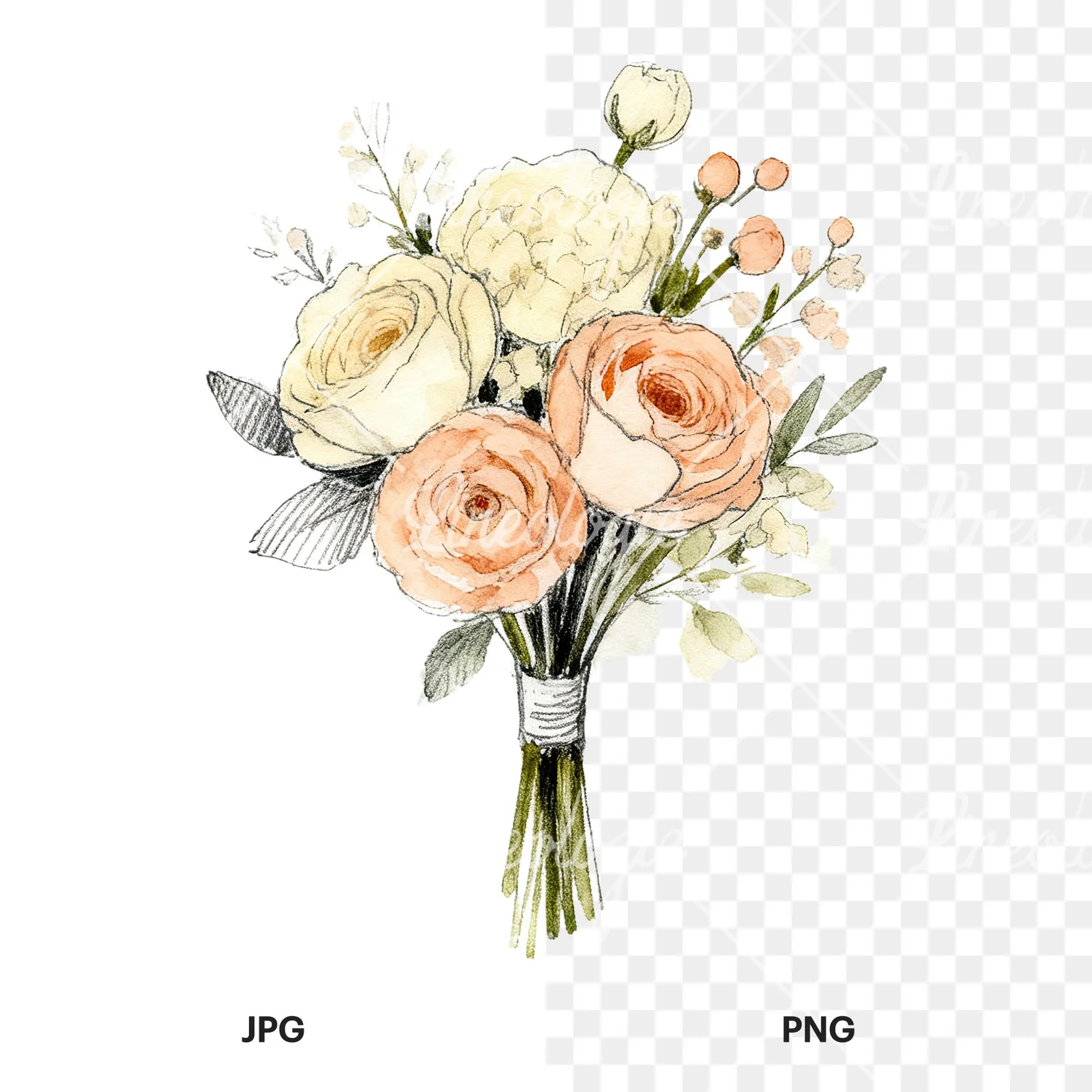 Watercolor peach and cream wedding bouquet with white flowers clipart 9 of 9, as a JPG on white and a transparent PNG
