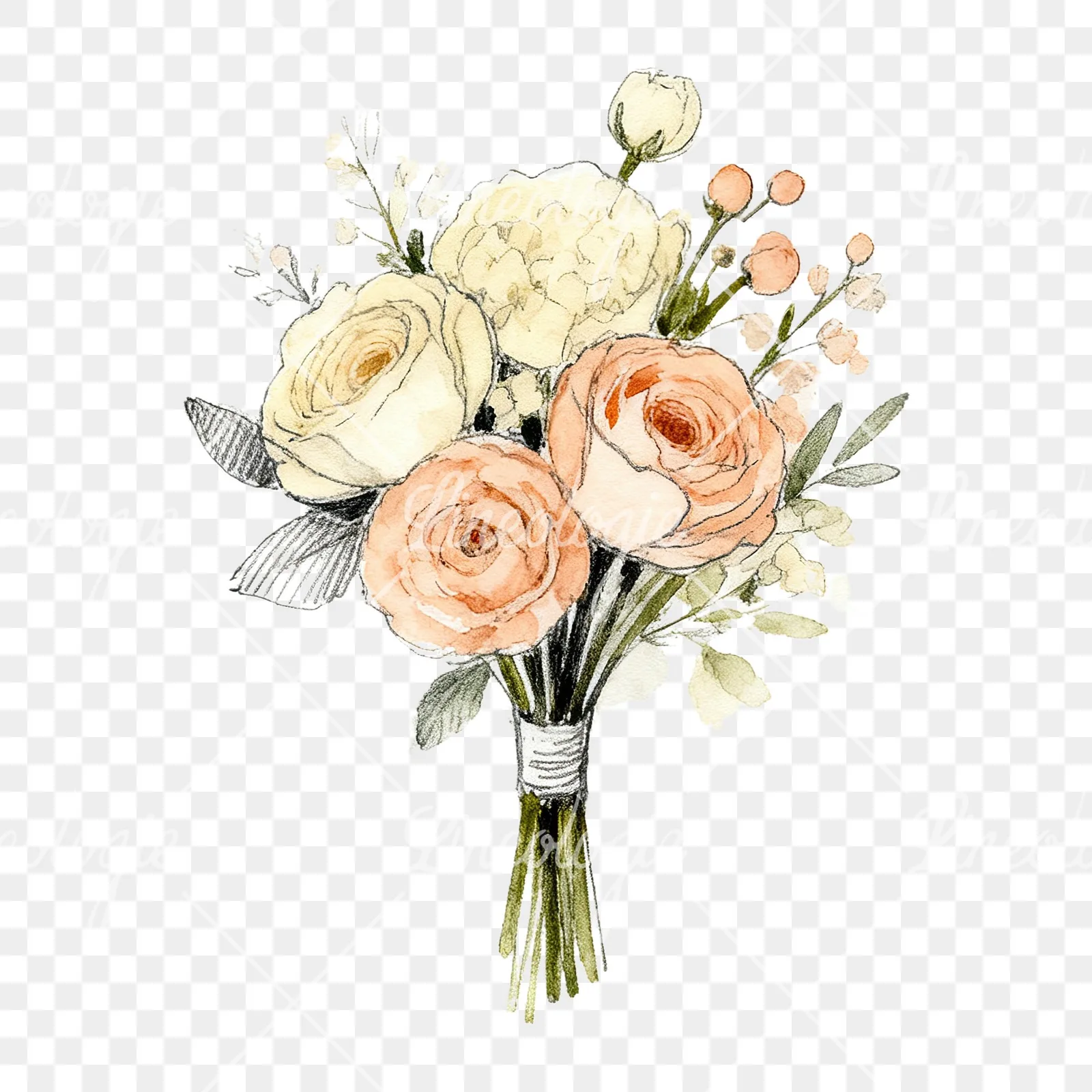 Watercolor peach and cream wedding bouquet with white flowers clipart 9 of 9 on a transparent background (PNG)