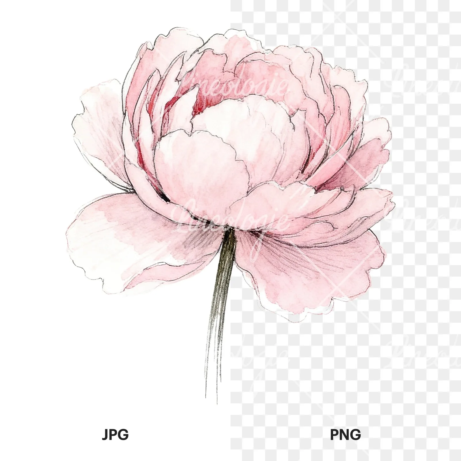 Watercolor white and pink peony clipart 2 of 9, as a JPG on white and a transparent PNG