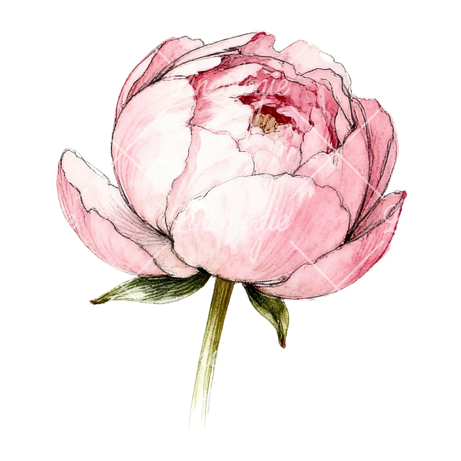 Watercolor white and pink peony clipart 3 of 9 on a white background (JPG)