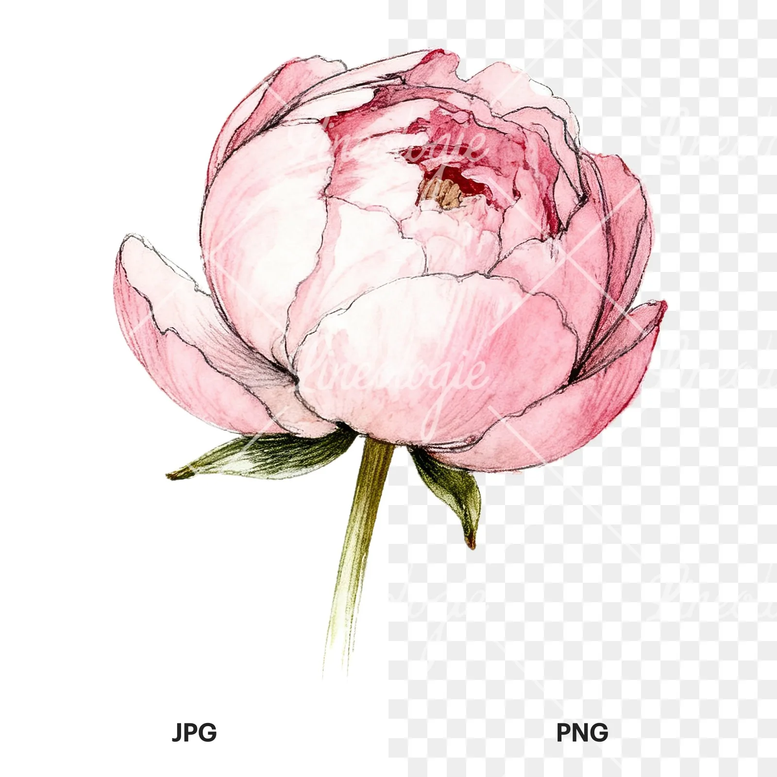 Watercolor white and pink peony clipart 3 of 9, as a JPG on white and a transparent PNG
