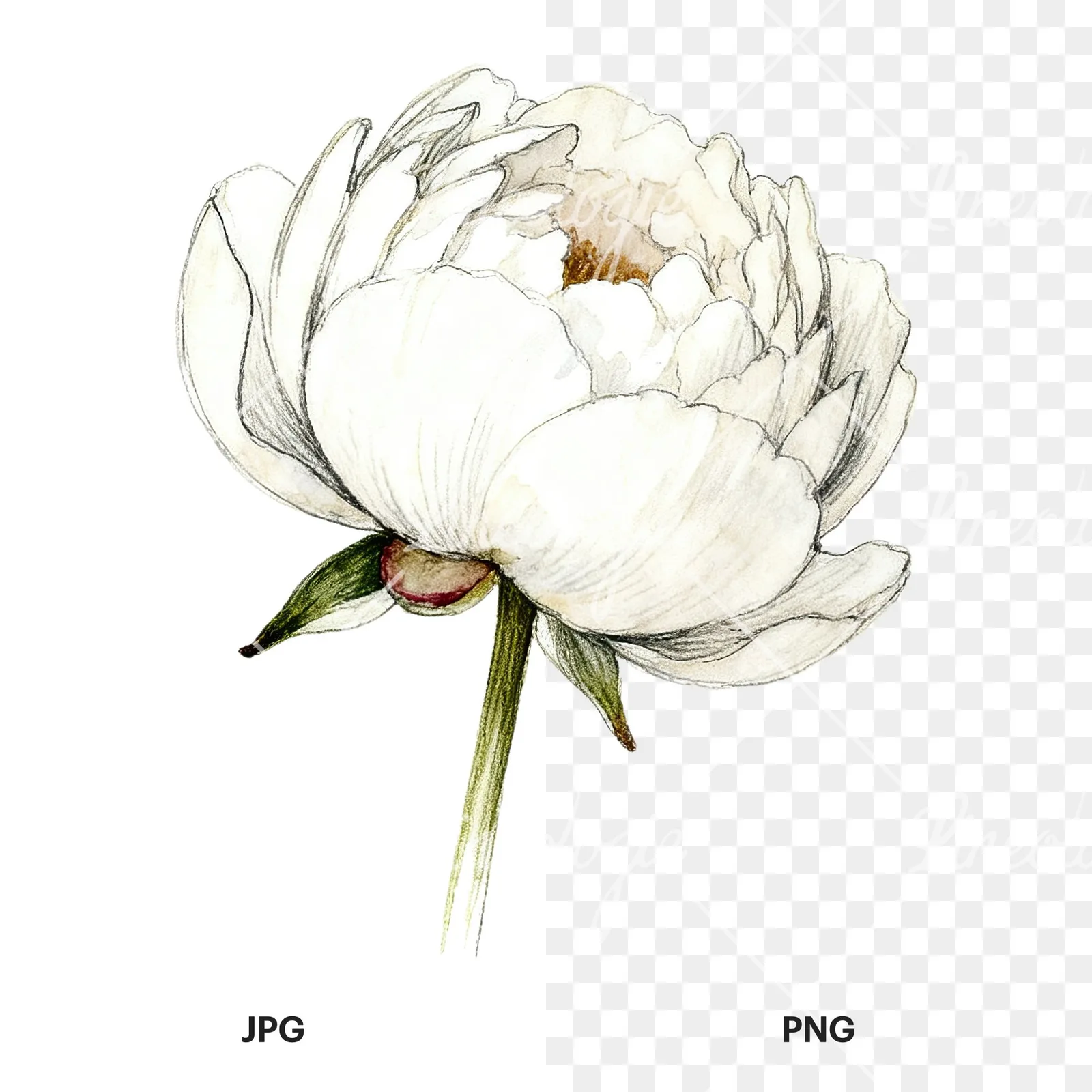 Watercolor white and pink peony clipart 4 of 9, as a JPG on white and a transparent PNG