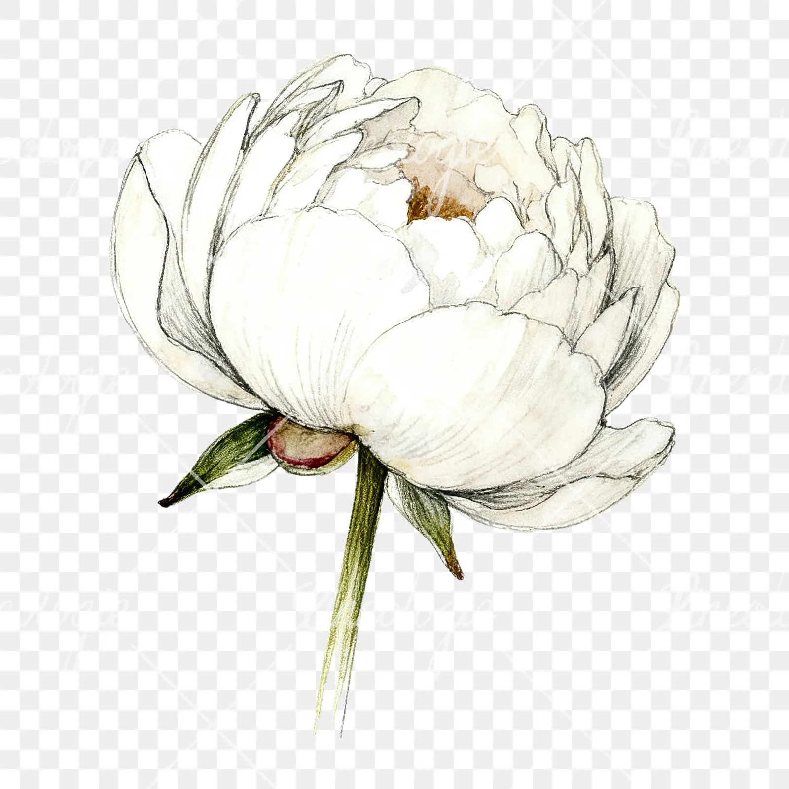 Watercolor white and pink peony clipart 4 of 9 on a transparent background (PNG)