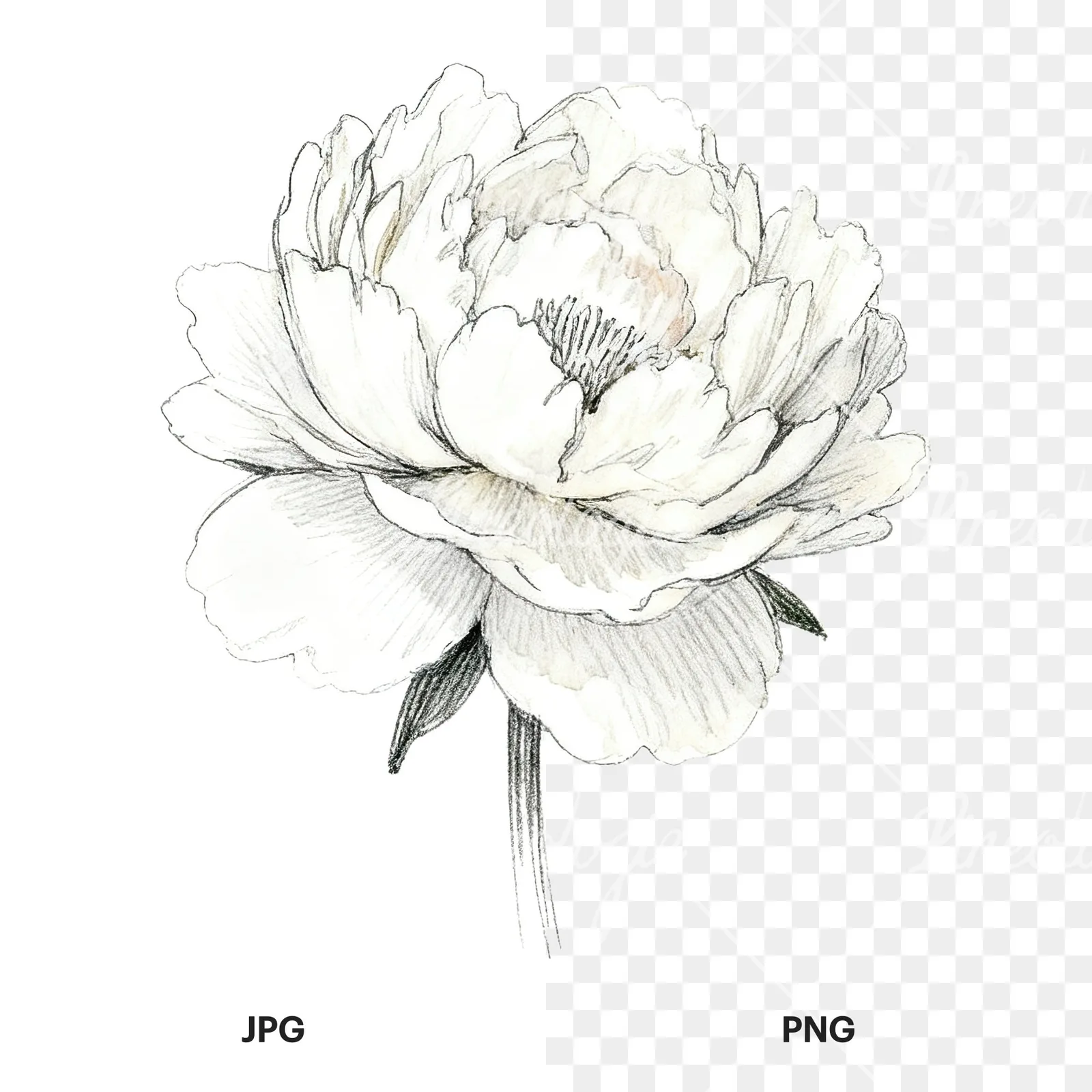 Watercolor white and pink peony clipart 5 of 9, as a JPG on white and a transparent PNG