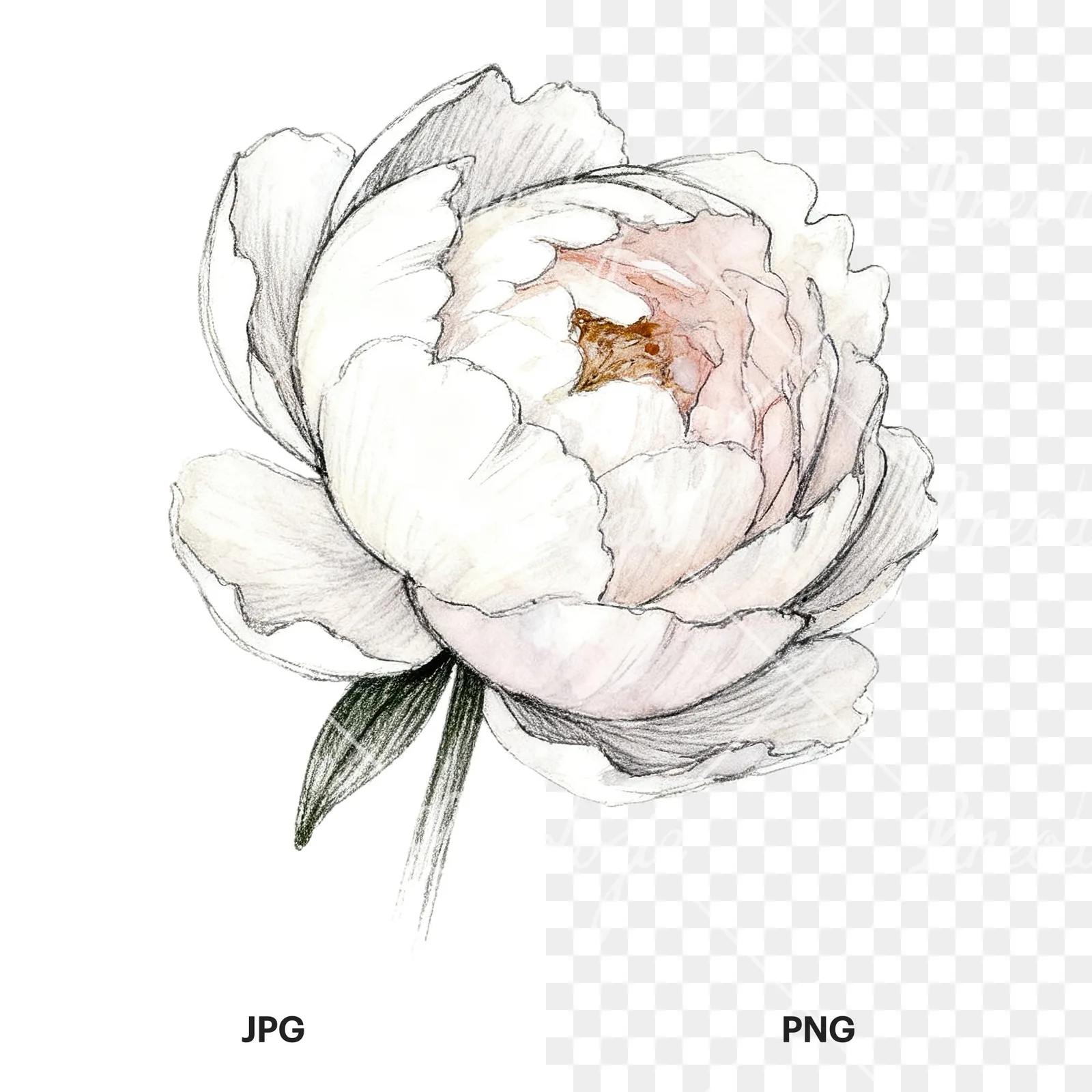 Watercolor white and pink peony clipart 6 of 9, as a JPG on white and a transparent PNG
