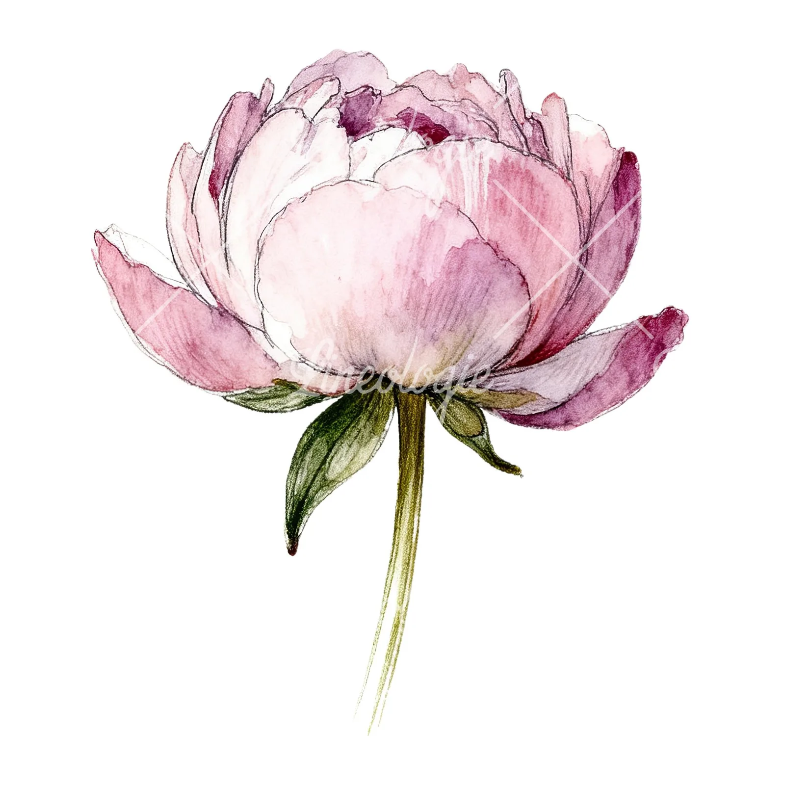Watercolor white and pink peony clipart 7 of 9 on a white background (JPG)