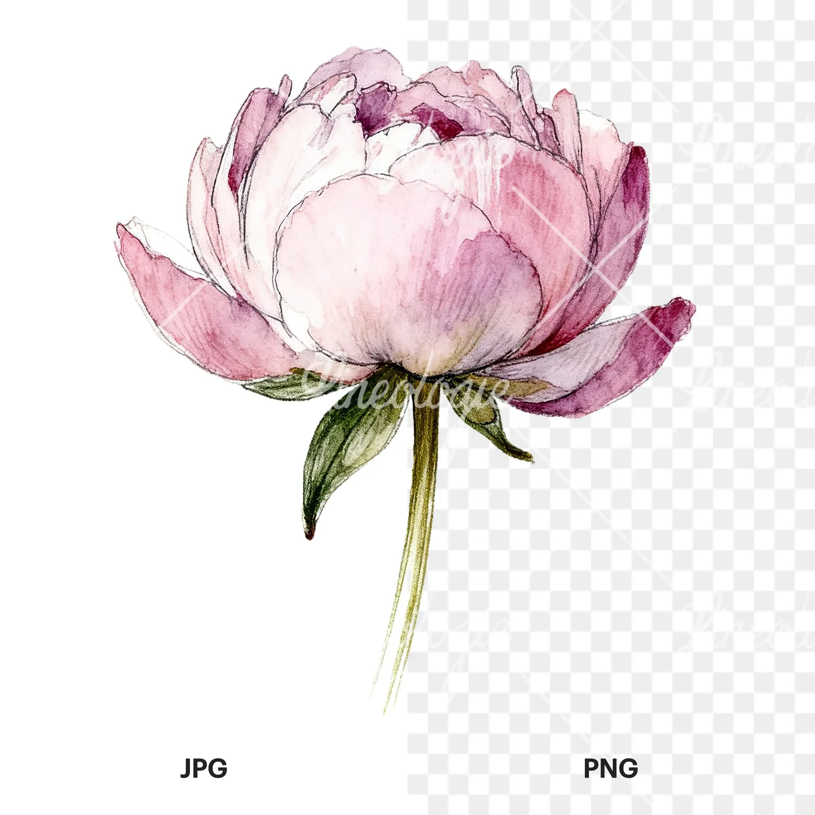 Watercolor white and pink peony clipart 7 of 9, as a JPG on white and a transparent PNG