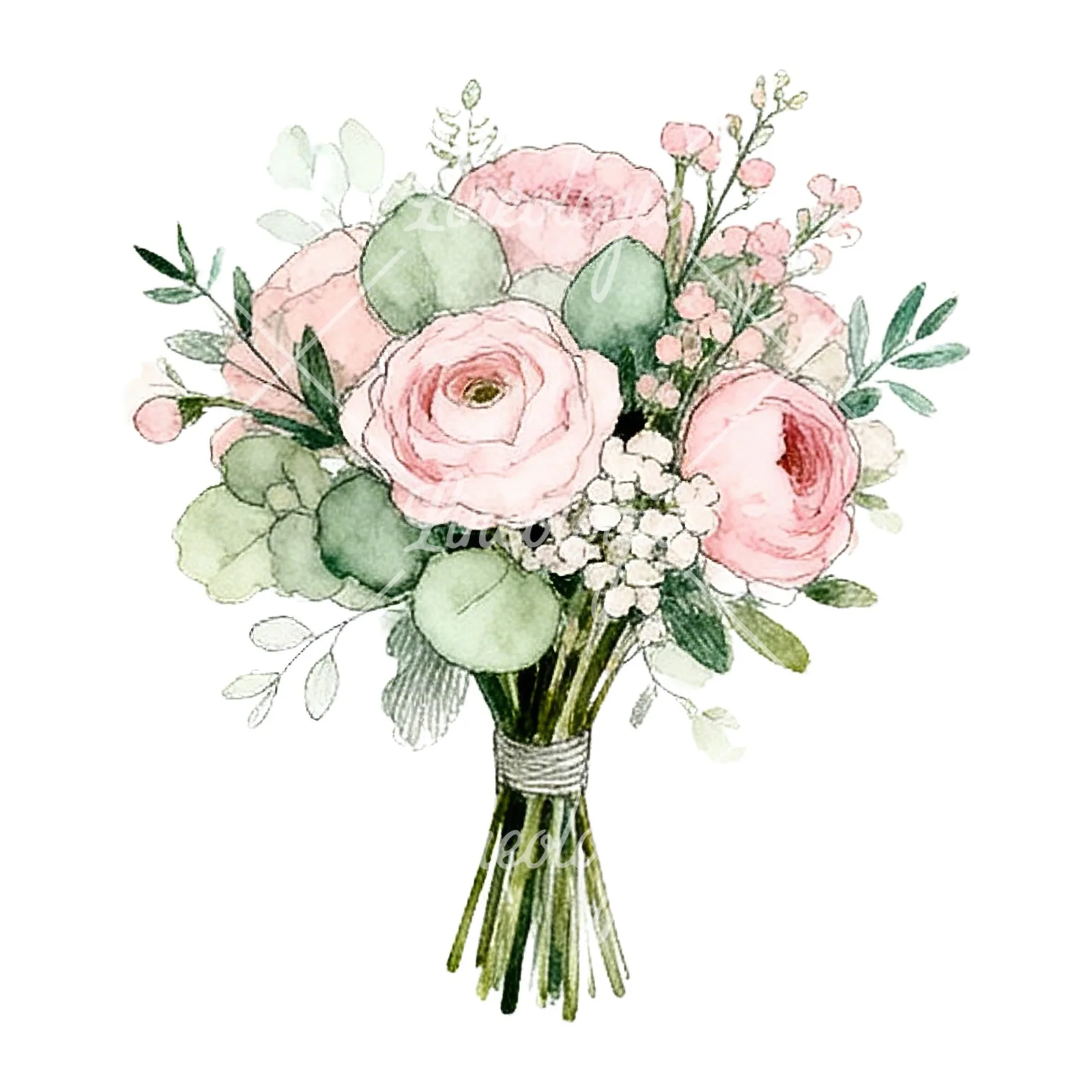 Watercolor pink and sage green wedding bouquet clipart 1 of 9 on a white background (JPG)