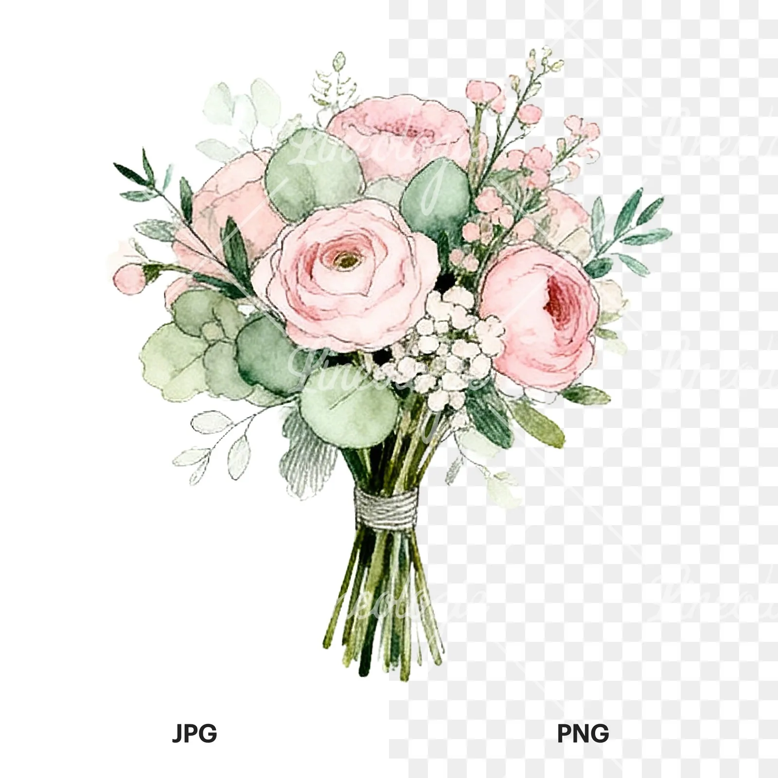 Watercolor pink and sage green wedding bouquet clipart 1 of 9, as a JPG on white and a transparent PNG