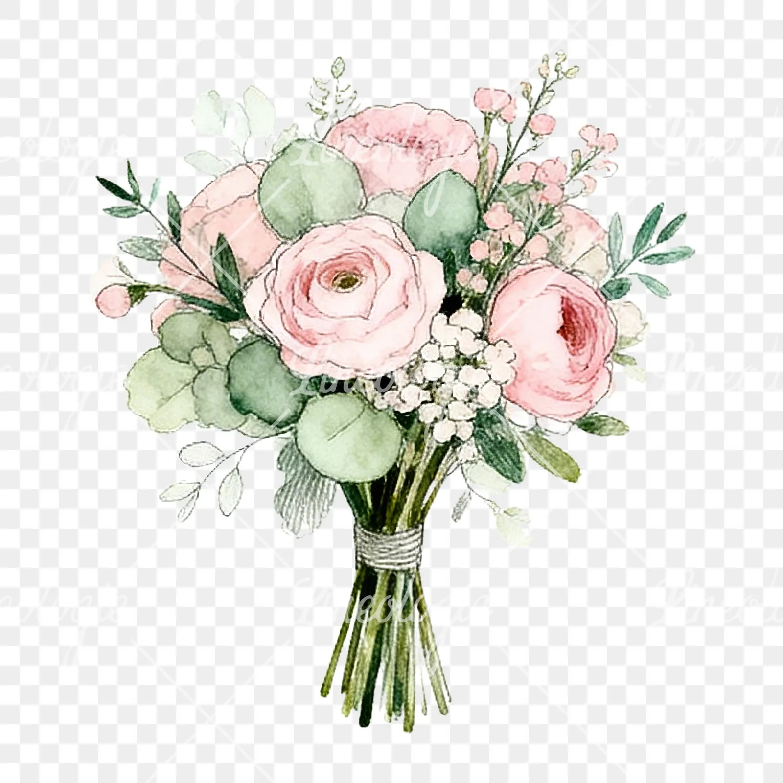 Watercolor pink and sage green wedding bouquet clipart 1 of 9 on a transparent background (PNG)