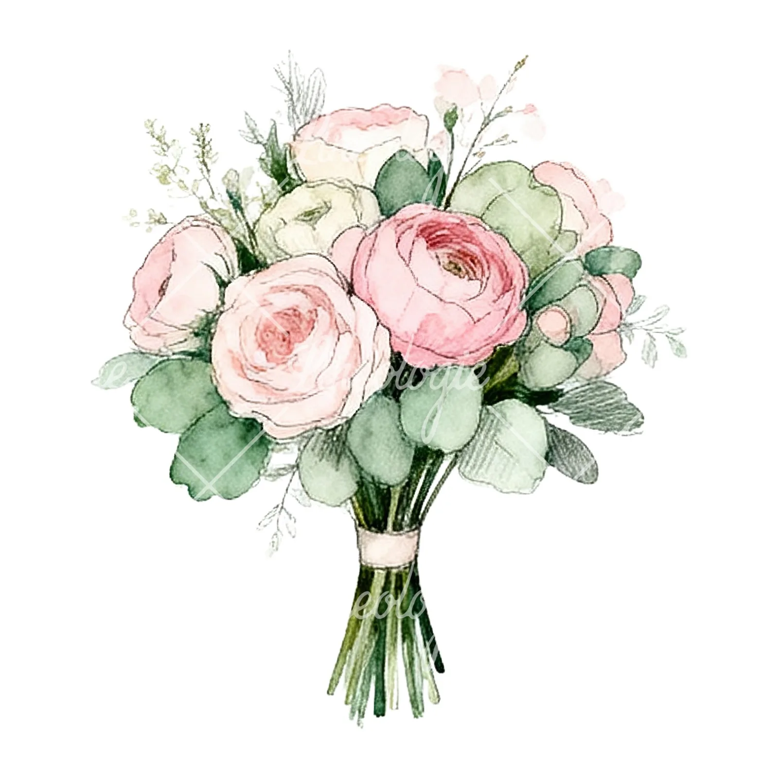 Watercolor pink and sage green wedding bouquet clipart 2 of 9 on a white background (JPG)