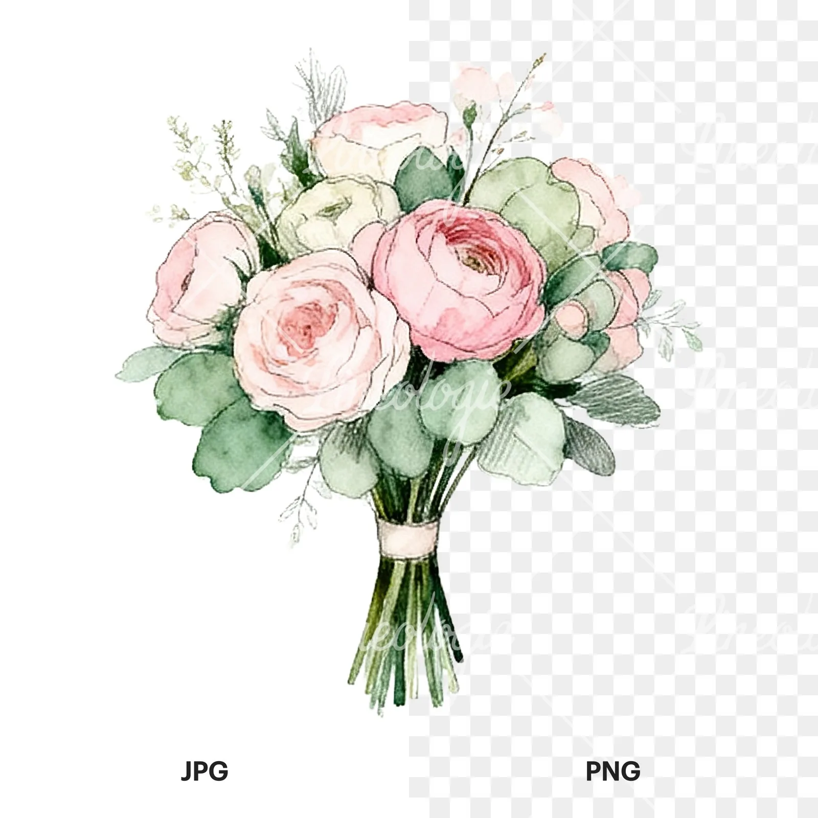 Watercolor pink and sage green wedding bouquet clipart 2 of 9, as a JPG on white and a transparent PNG
