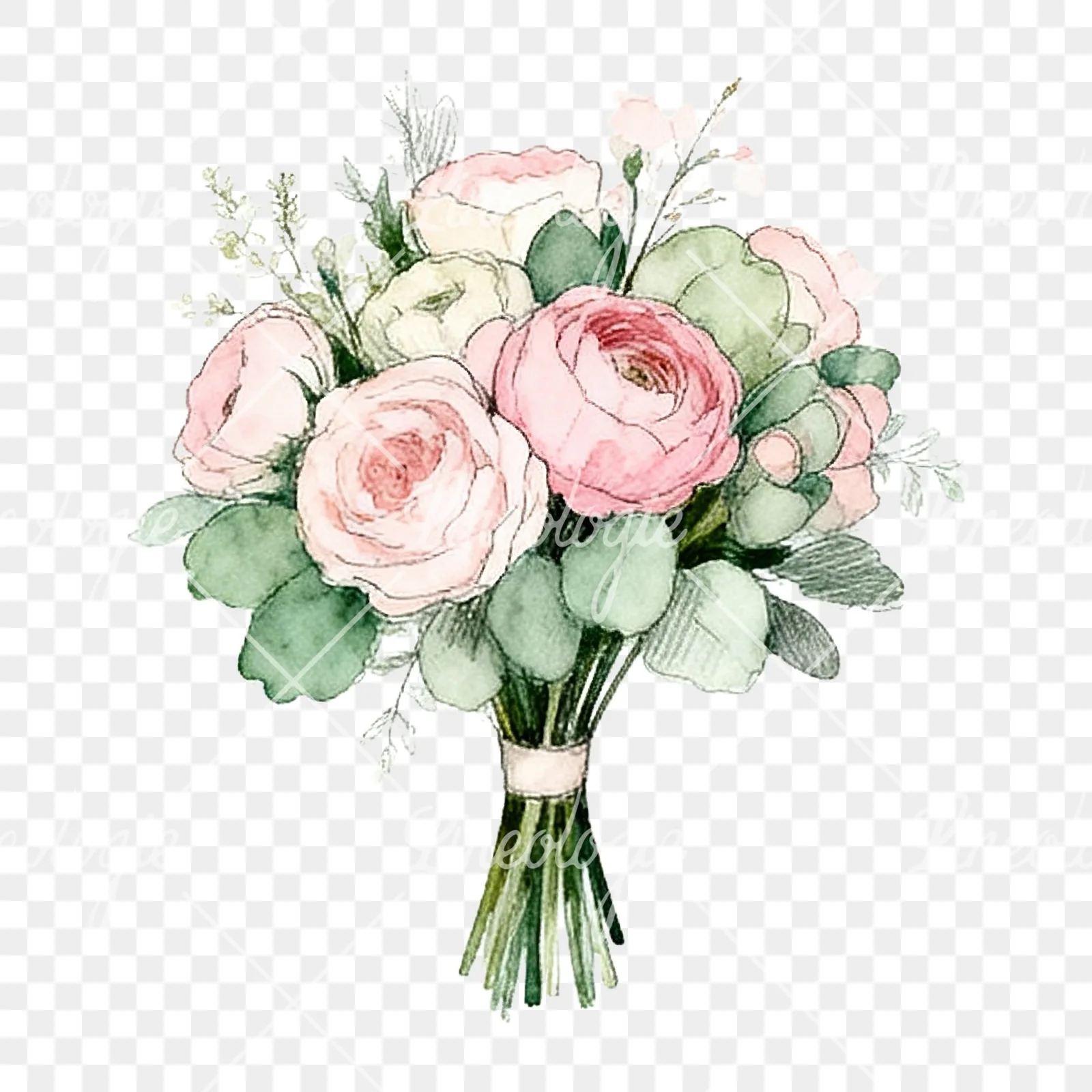 Watercolor pink and sage green wedding bouquet clipart 2 of 9 on a transparent background (PNG)