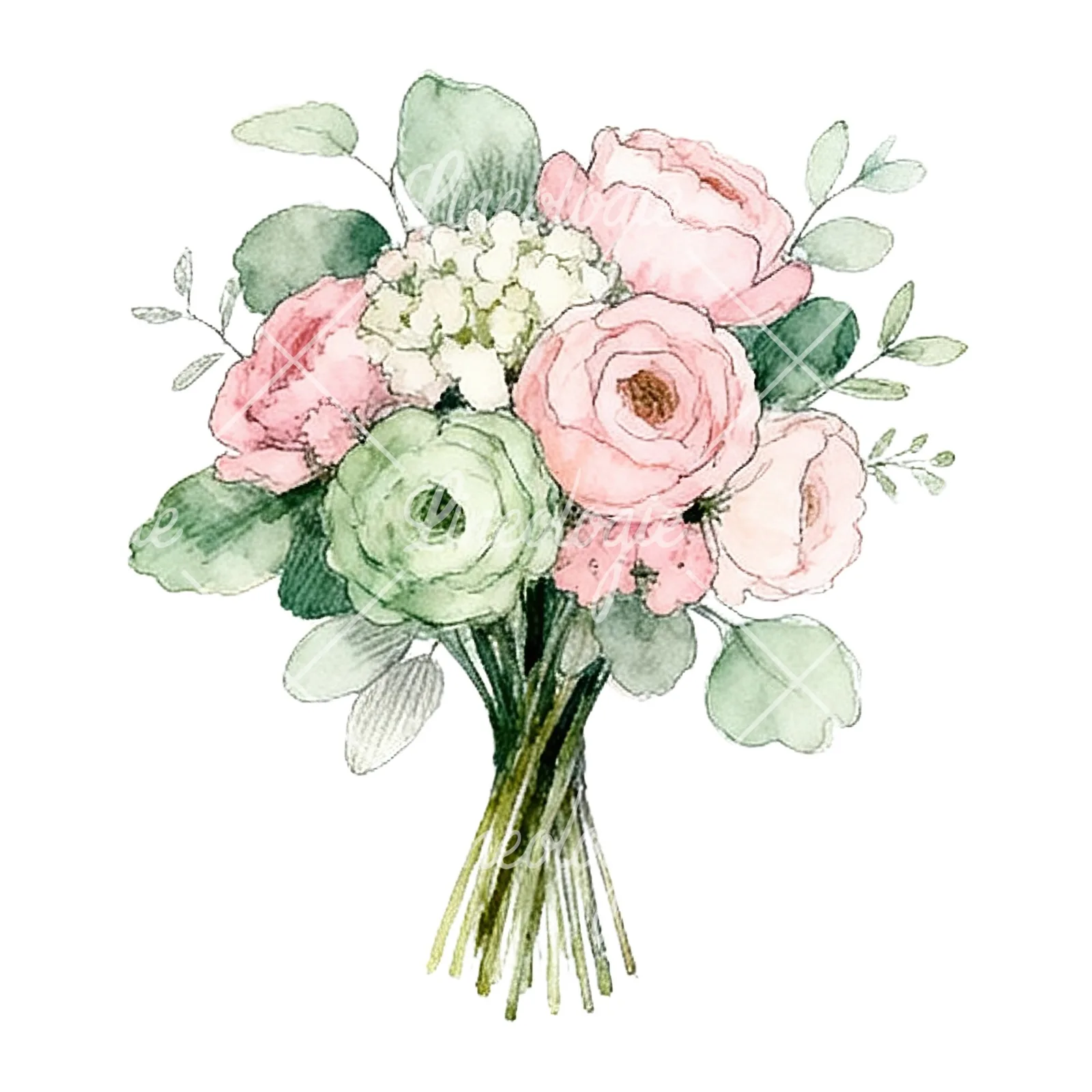 Watercolor pink and sage green wedding bouquet clipart 3 of 9 on a white background (JPG)