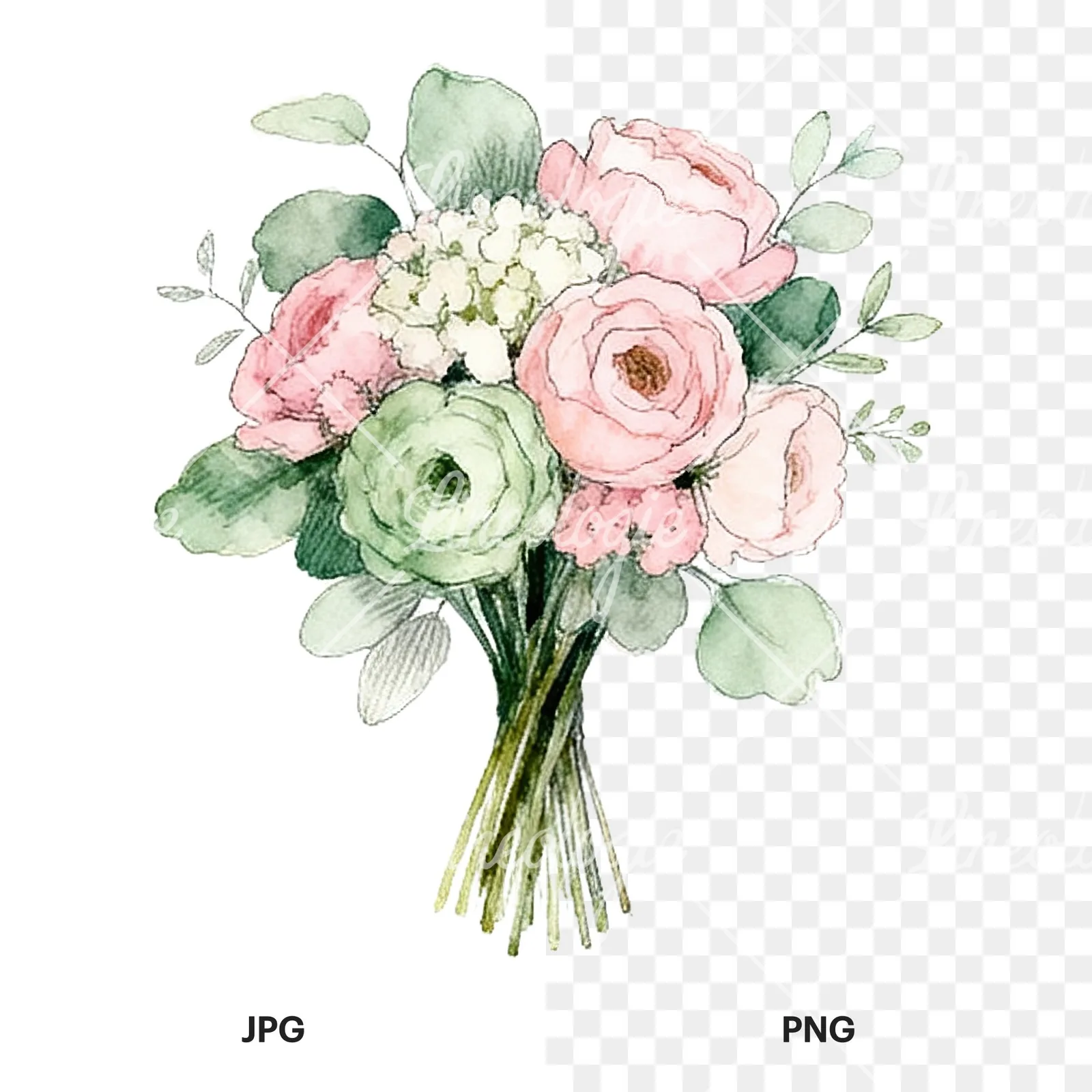 Watercolor pink and sage green wedding bouquet clipart 3 of 9, as a JPG on white and a transparent PNG