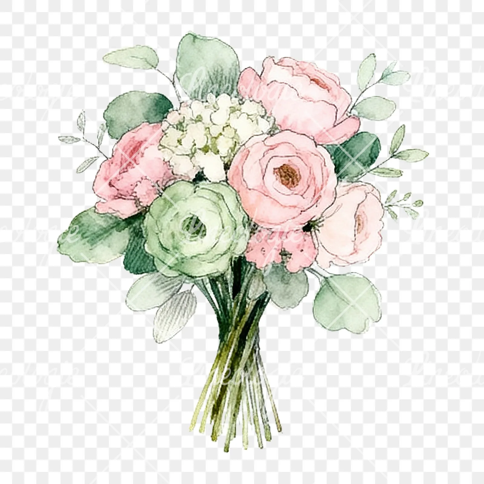 Watercolor pink and sage green wedding bouquet clipart 3 of 9 on a transparent background (PNG)