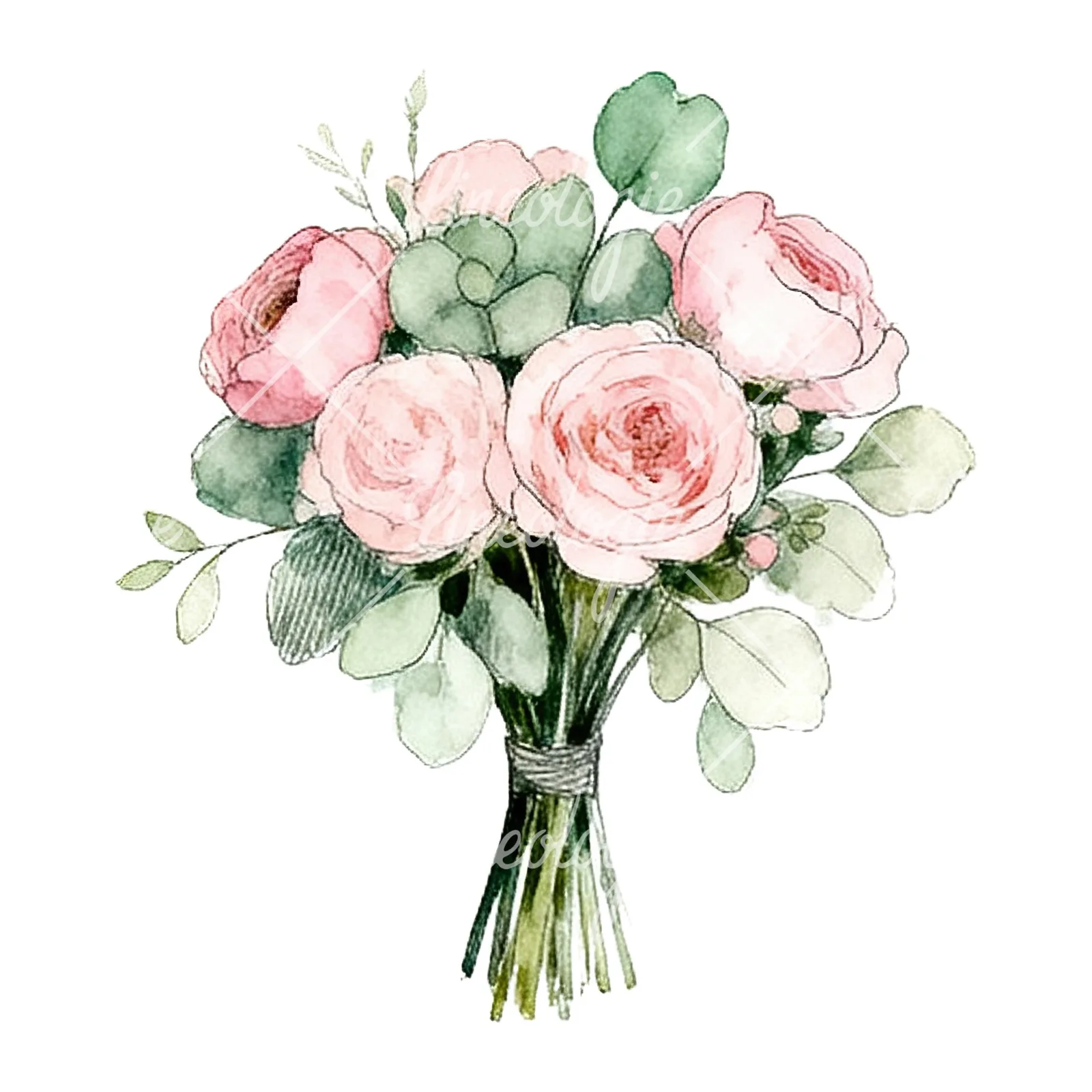 Watercolor pink and sage green wedding bouquet clipart 4 of 9 on a white background (JPG)