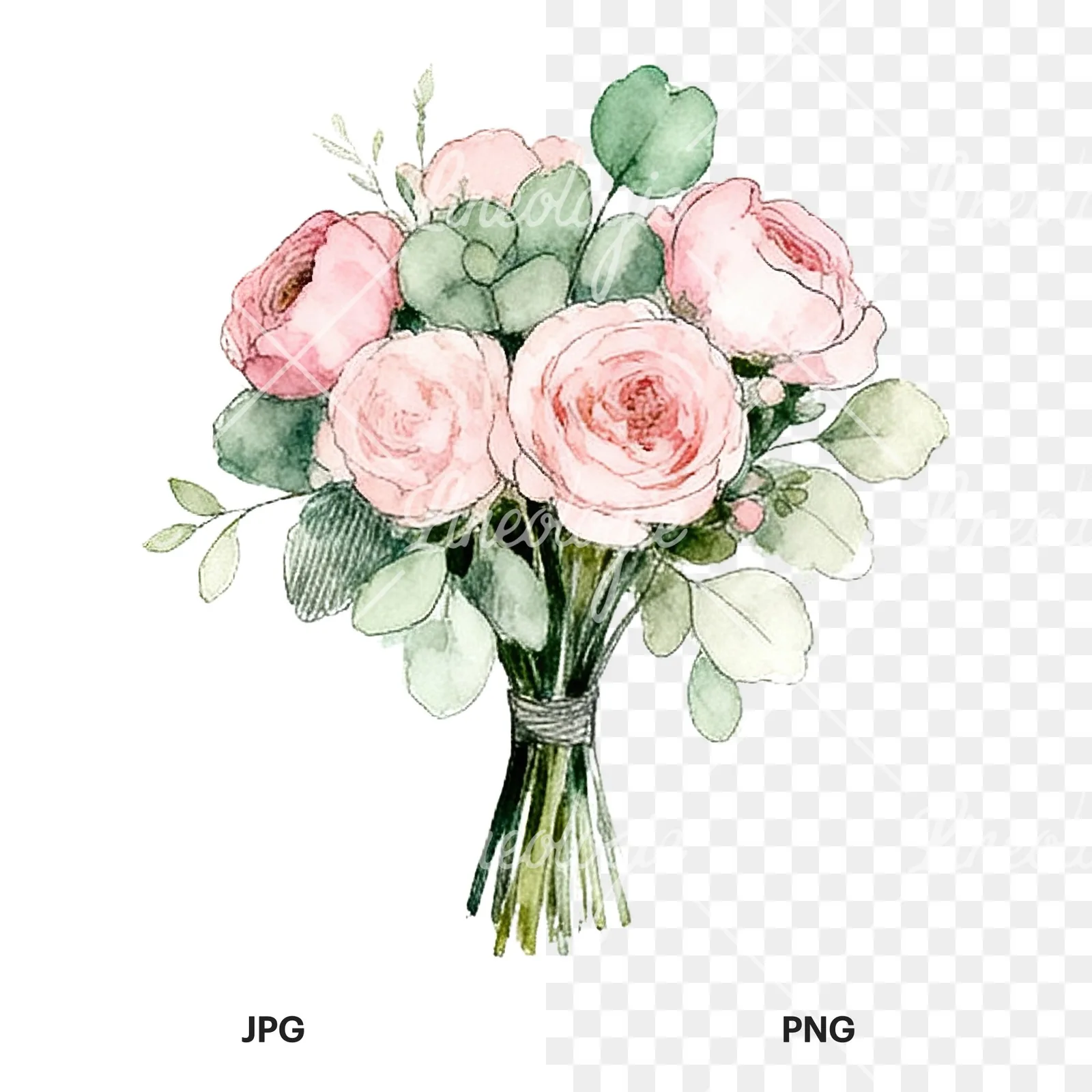 Watercolor pink and sage green wedding bouquet clipart 4 of 9, as a JPG on white and a transparent PNG