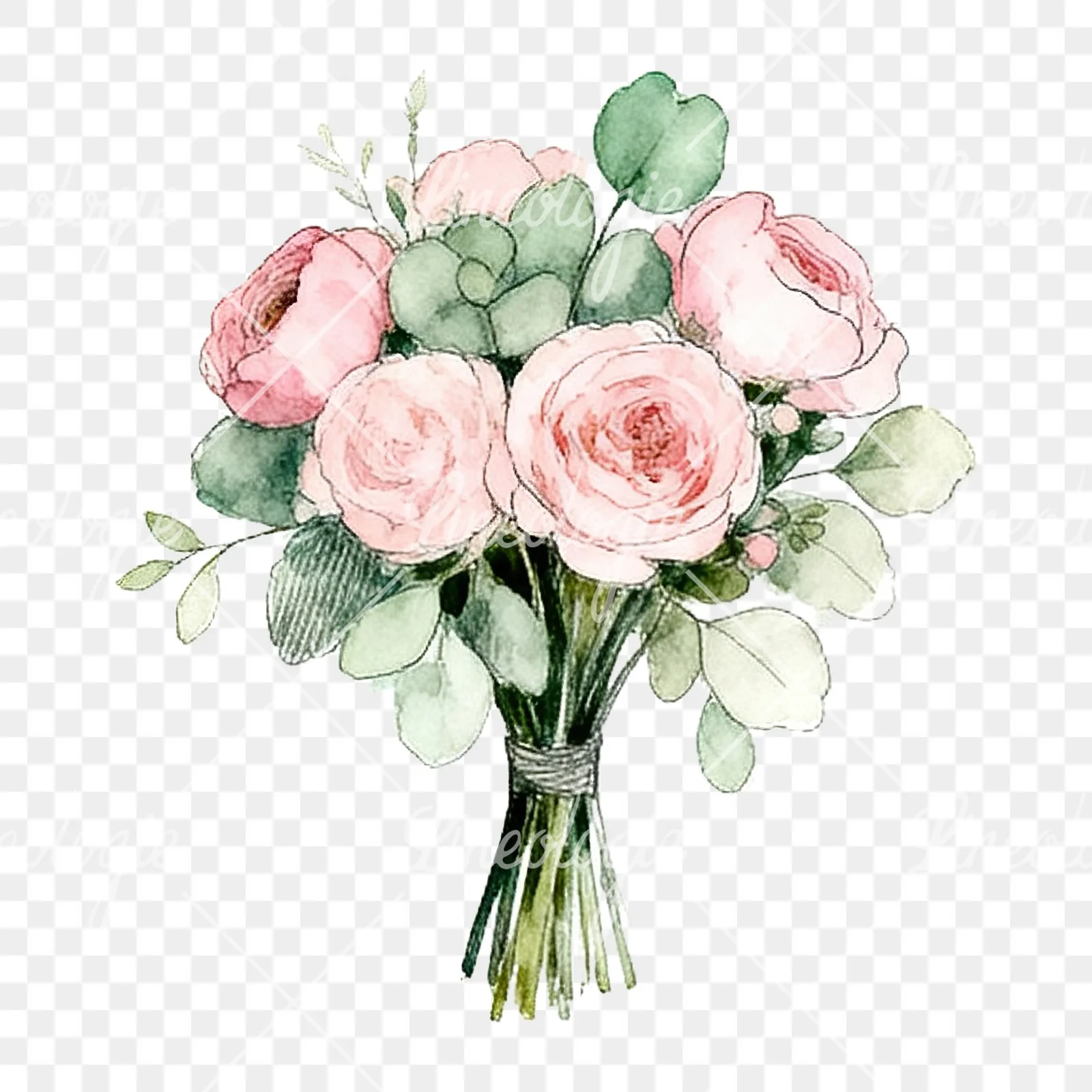Watercolor pink and sage green wedding bouquet clipart 4 of 9 on a transparent background (PNG)