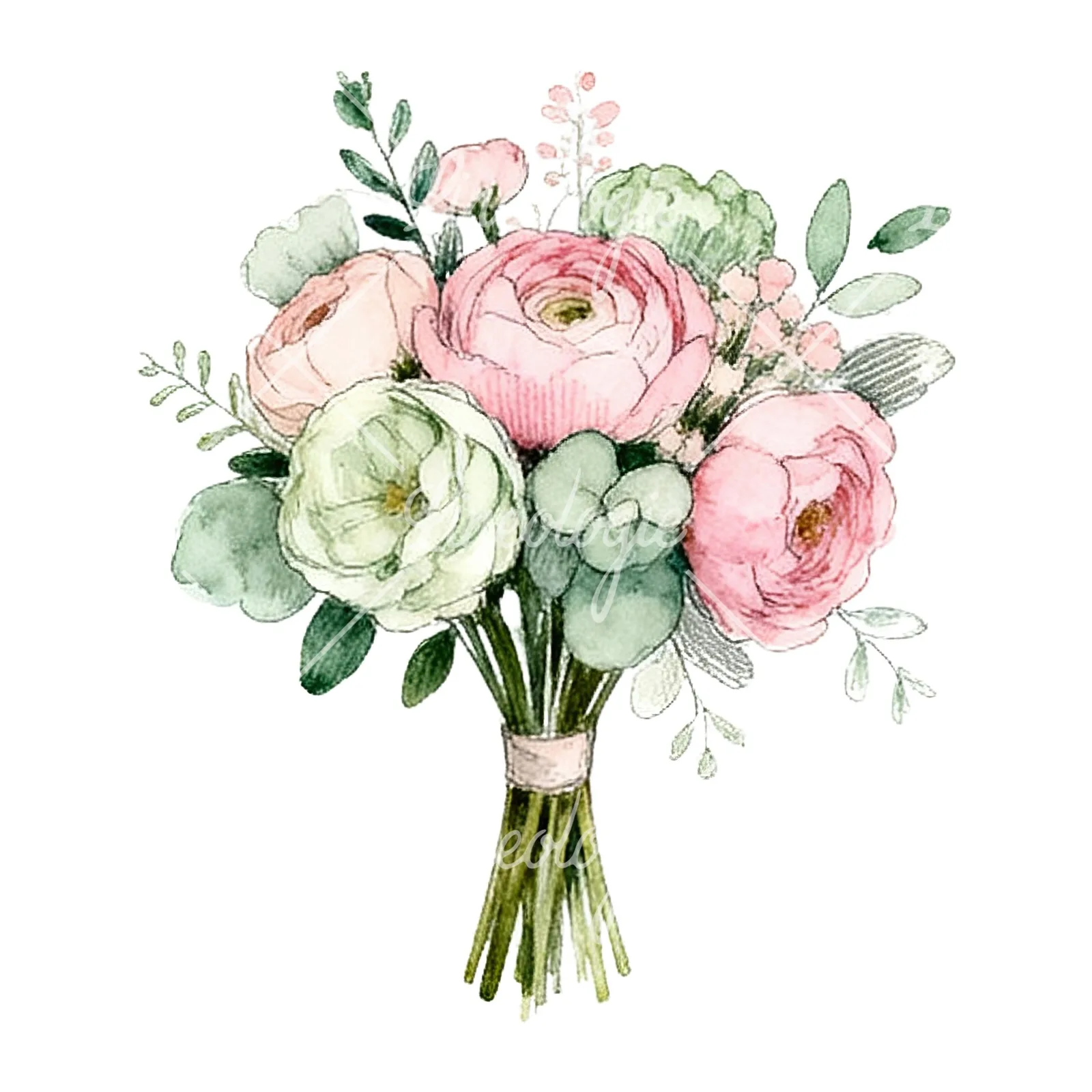 Watercolor pink and sage green wedding bouquet clipart 5 of 9 on a white background (JPG)