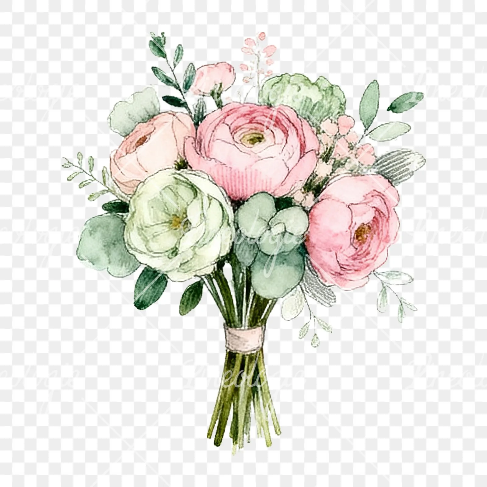 Watercolor pink and sage green wedding bouquet clipart 5 of 9 on a transparent background (PNG)