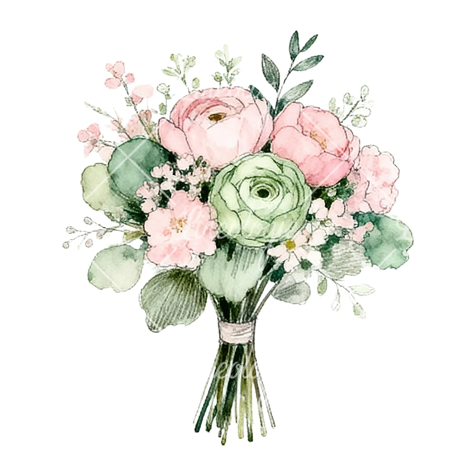 Watercolor pink and sage green wedding bouquet clipart 6 of 9 on a white background (JPG)