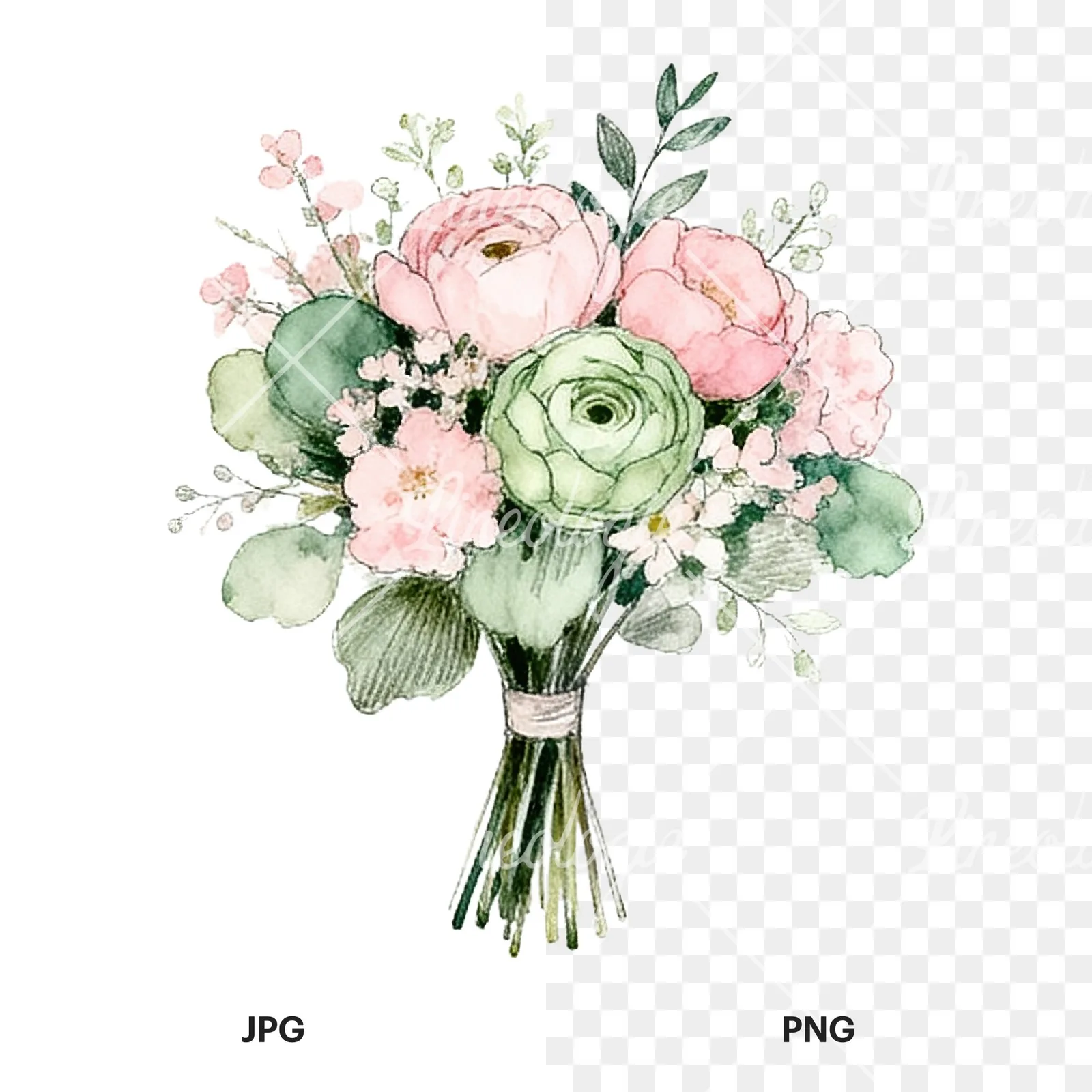 Watercolor pink and sage green wedding bouquet clipart 6 of 9, as a JPG on white and a transparent PNG