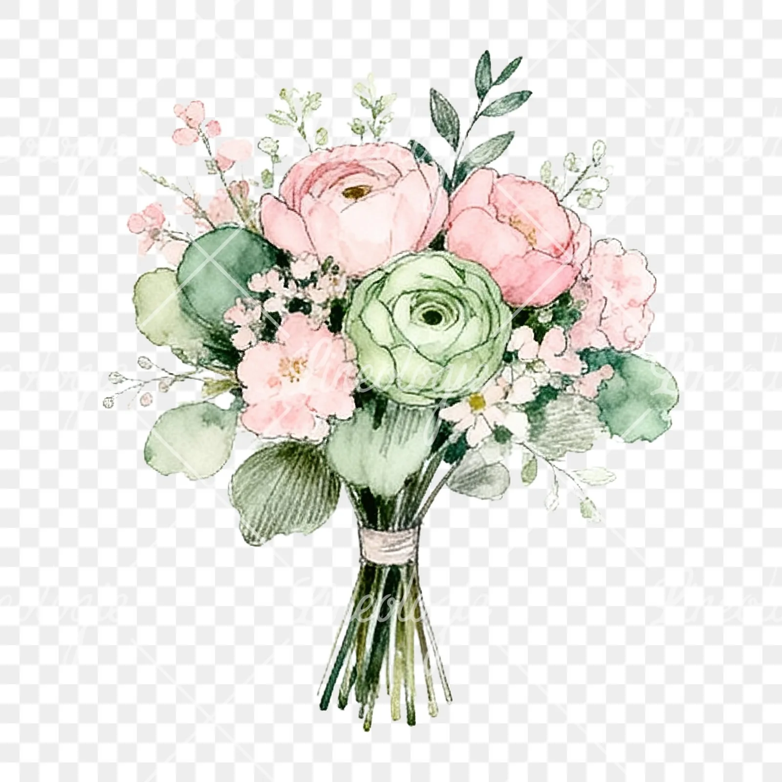 Watercolor pink and sage green wedding bouquet clipart 6 of 9 on a transparent background (PNG)