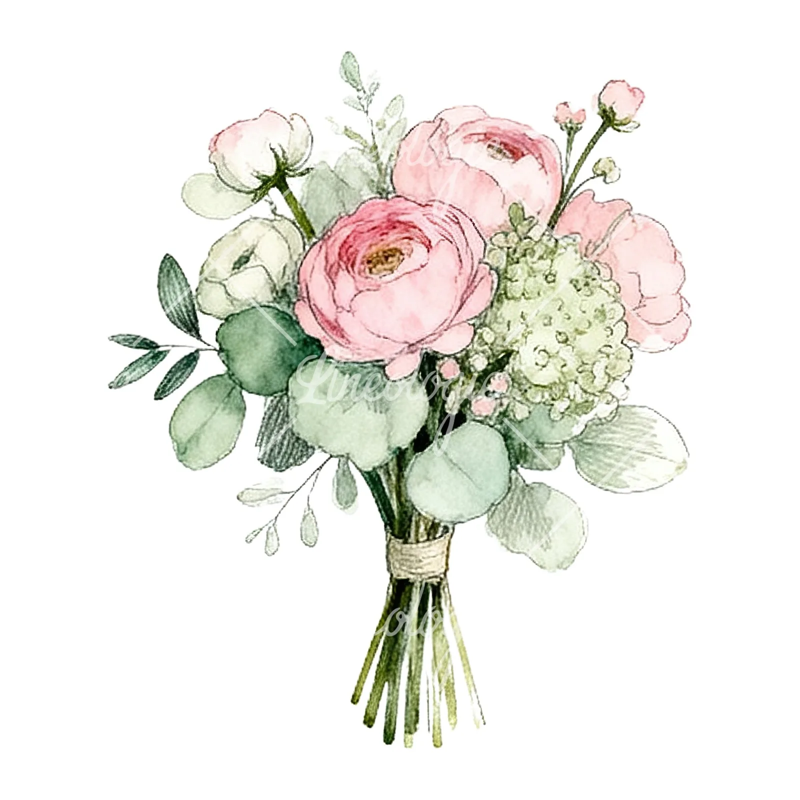 Watercolor pink and sage green wedding bouquet clipart 7 of 9 on a white background (JPG)