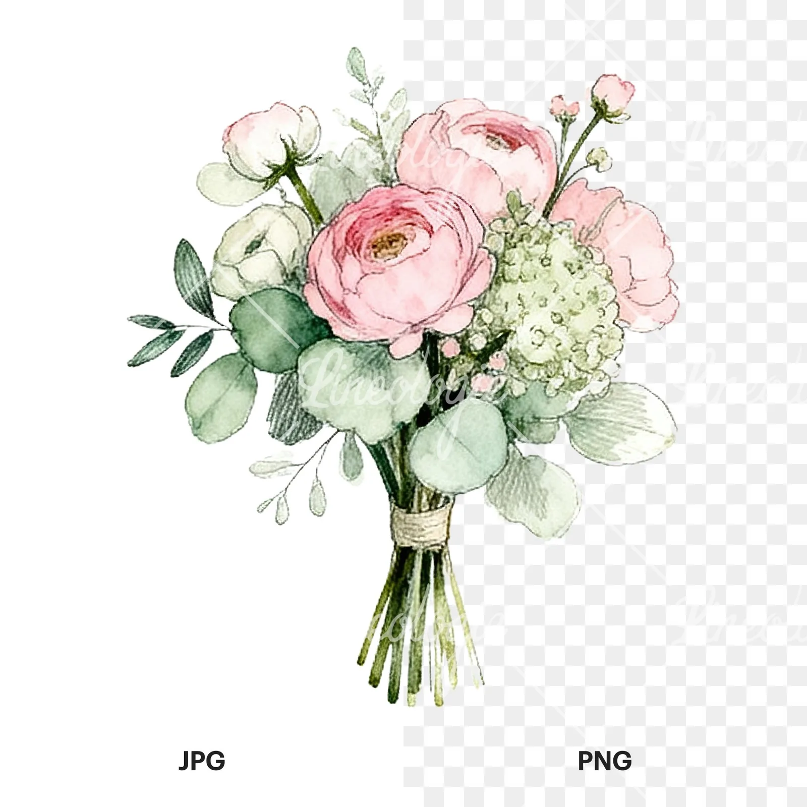 Watercolor pink and sage green wedding bouquet clipart 7 of 9, as a JPG on white and a transparent PNG