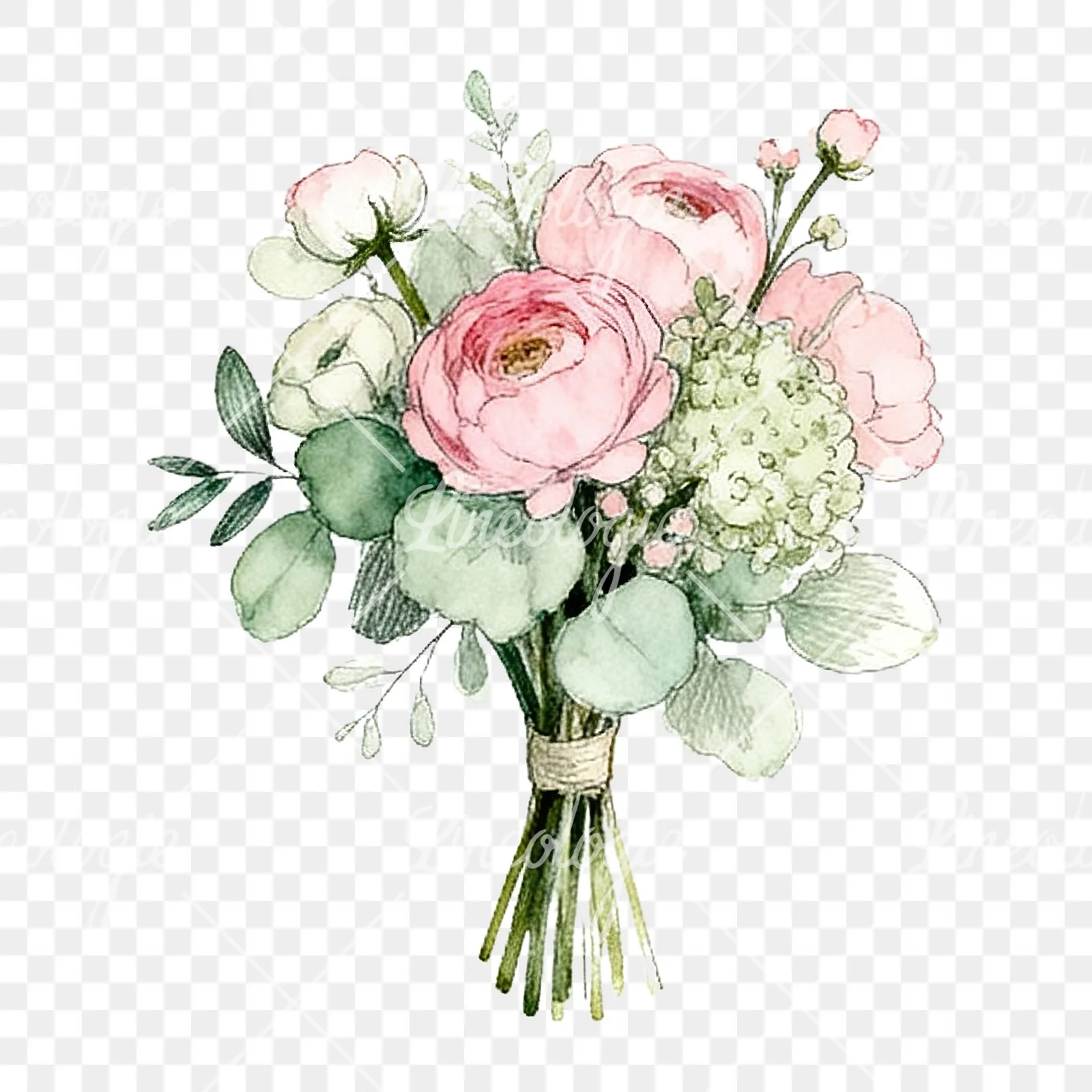 Watercolor pink and sage green wedding bouquet clipart 7 of 9 on a transparent background (PNG)