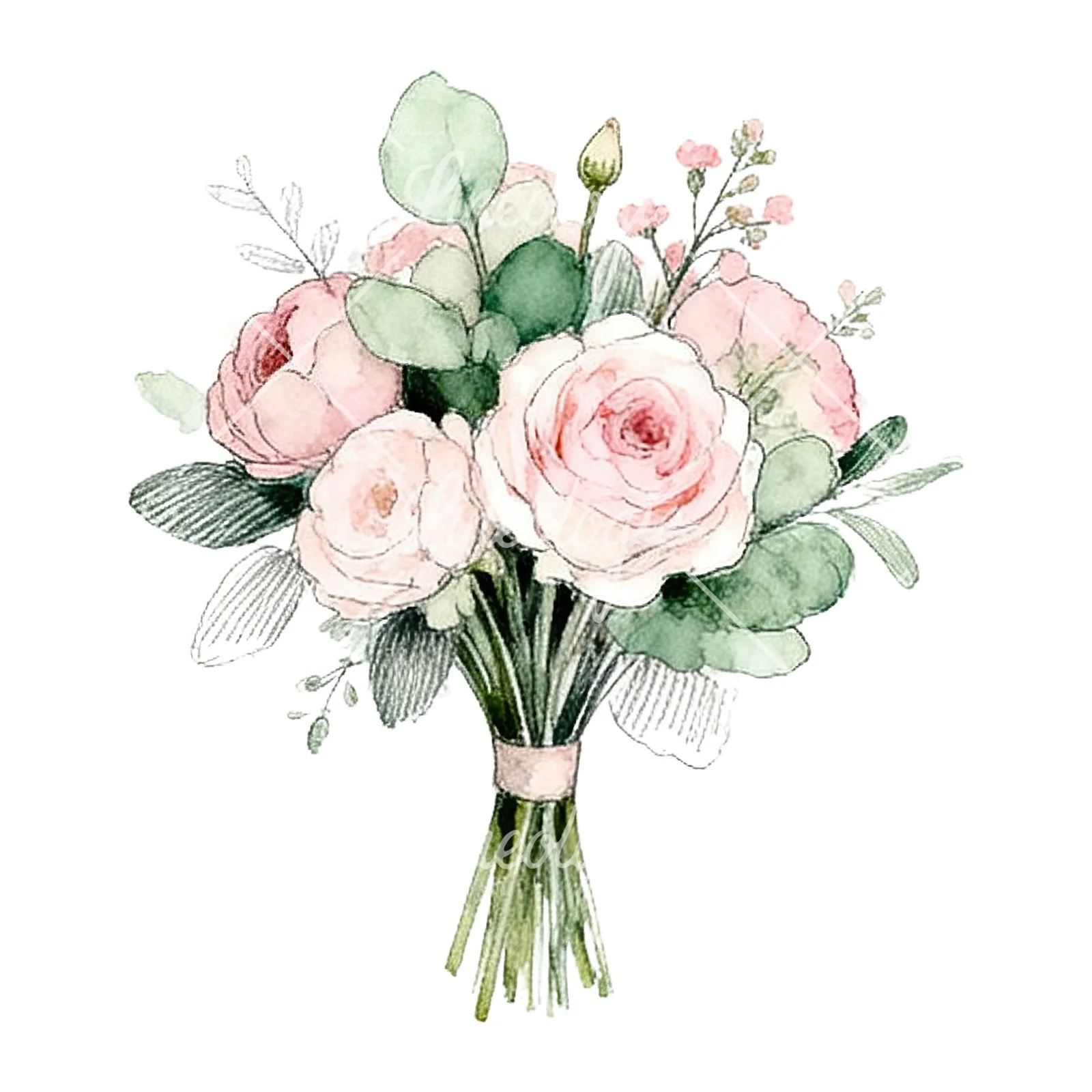Watercolor pink and sage green wedding bouquet clipart 8 of 9 on a white background (JPG)