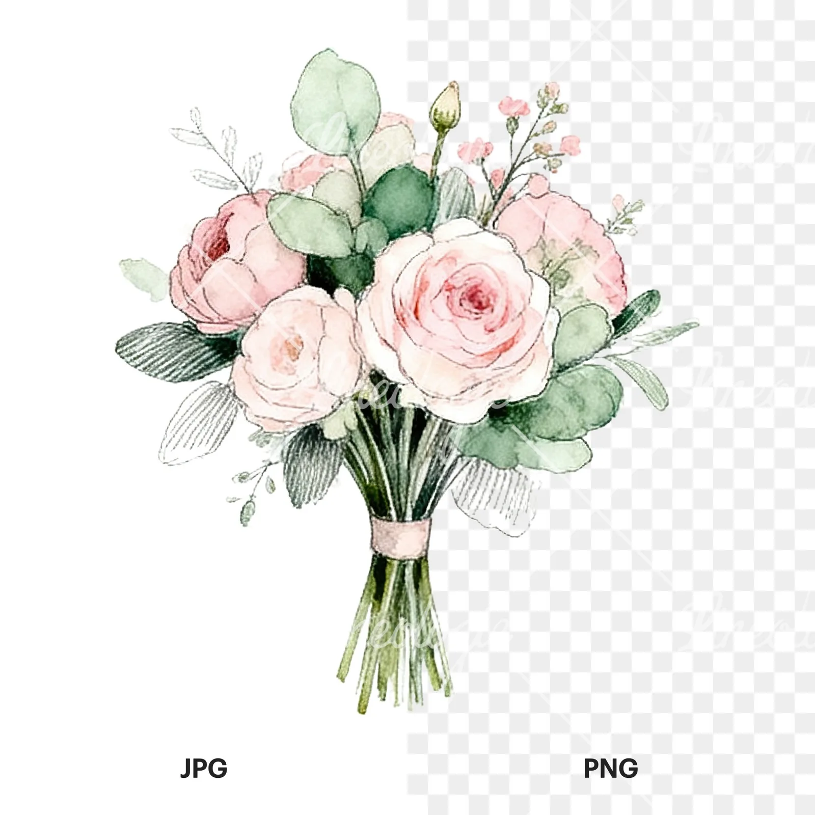 Watercolor pink and sage green wedding bouquet clipart 8 of 9, as a JPG on white and a transparent PNG