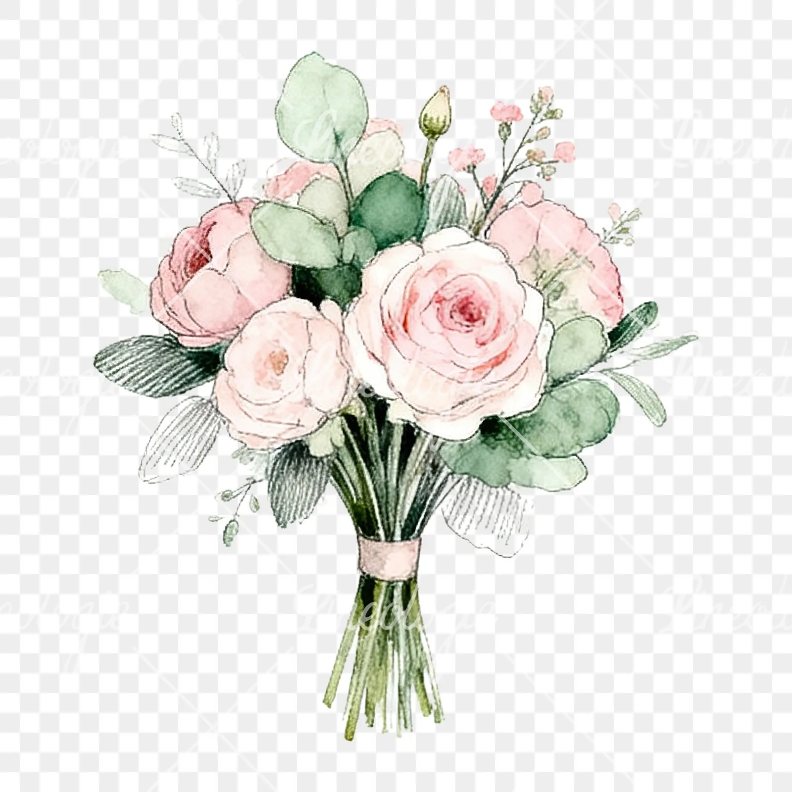 Watercolor pink and sage green wedding bouquet clipart 8 of 9 on a transparent background (PNG)