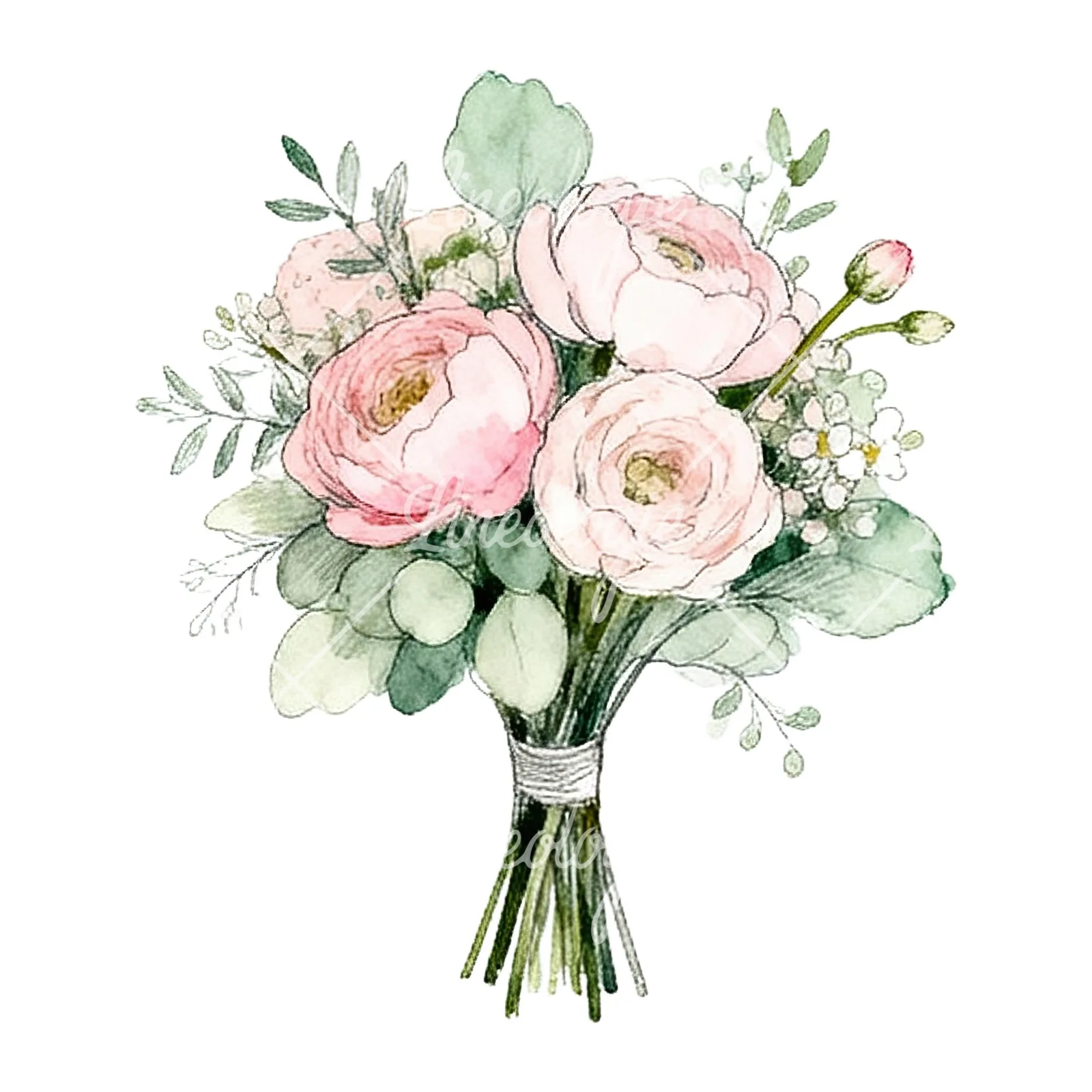 Watercolor pink and sage green wedding bouquet clipart 9 of 9 on a white background (JPG)