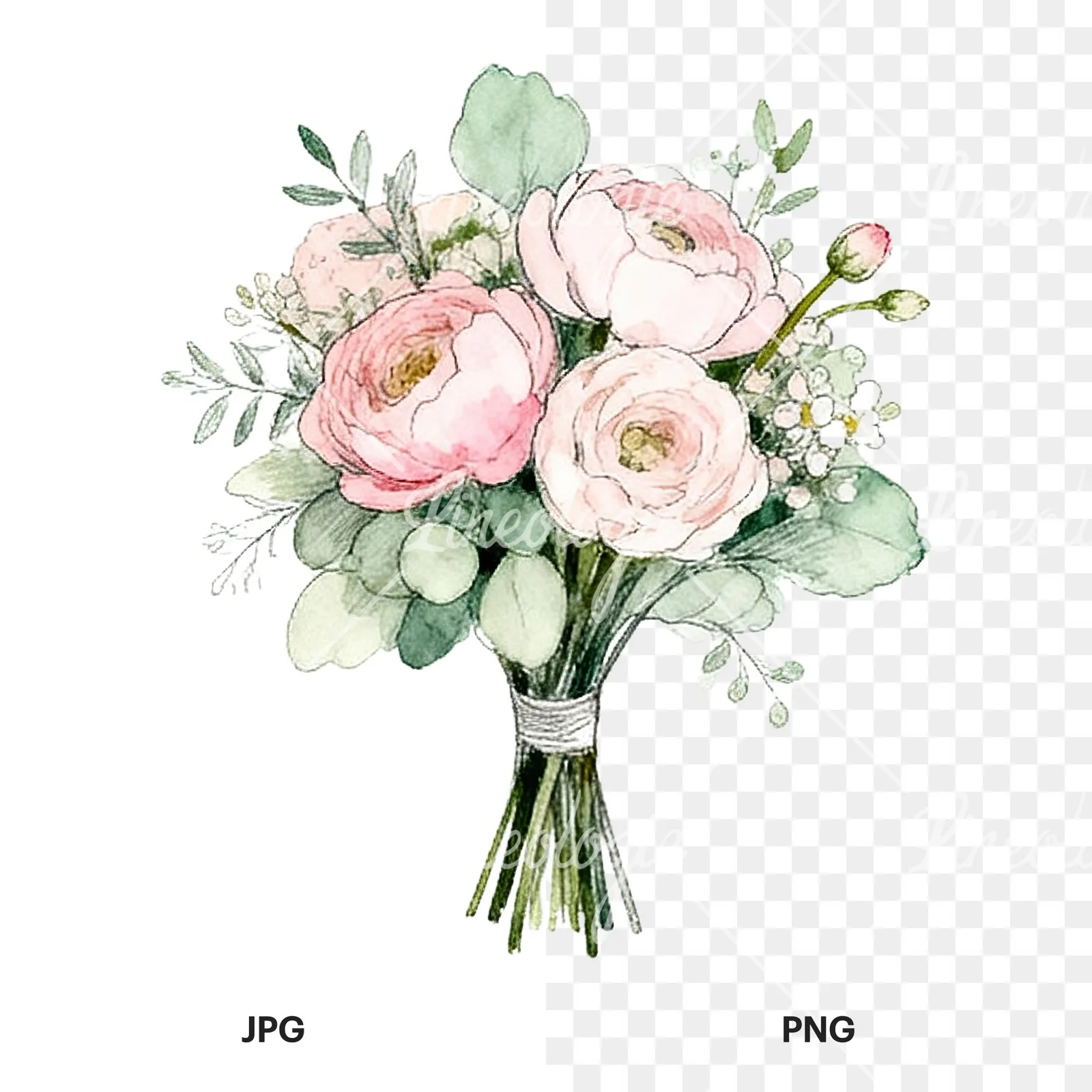 Watercolor pink and sage green wedding bouquet clipart 9 of 9, as a JPG on white and a transparent PNG