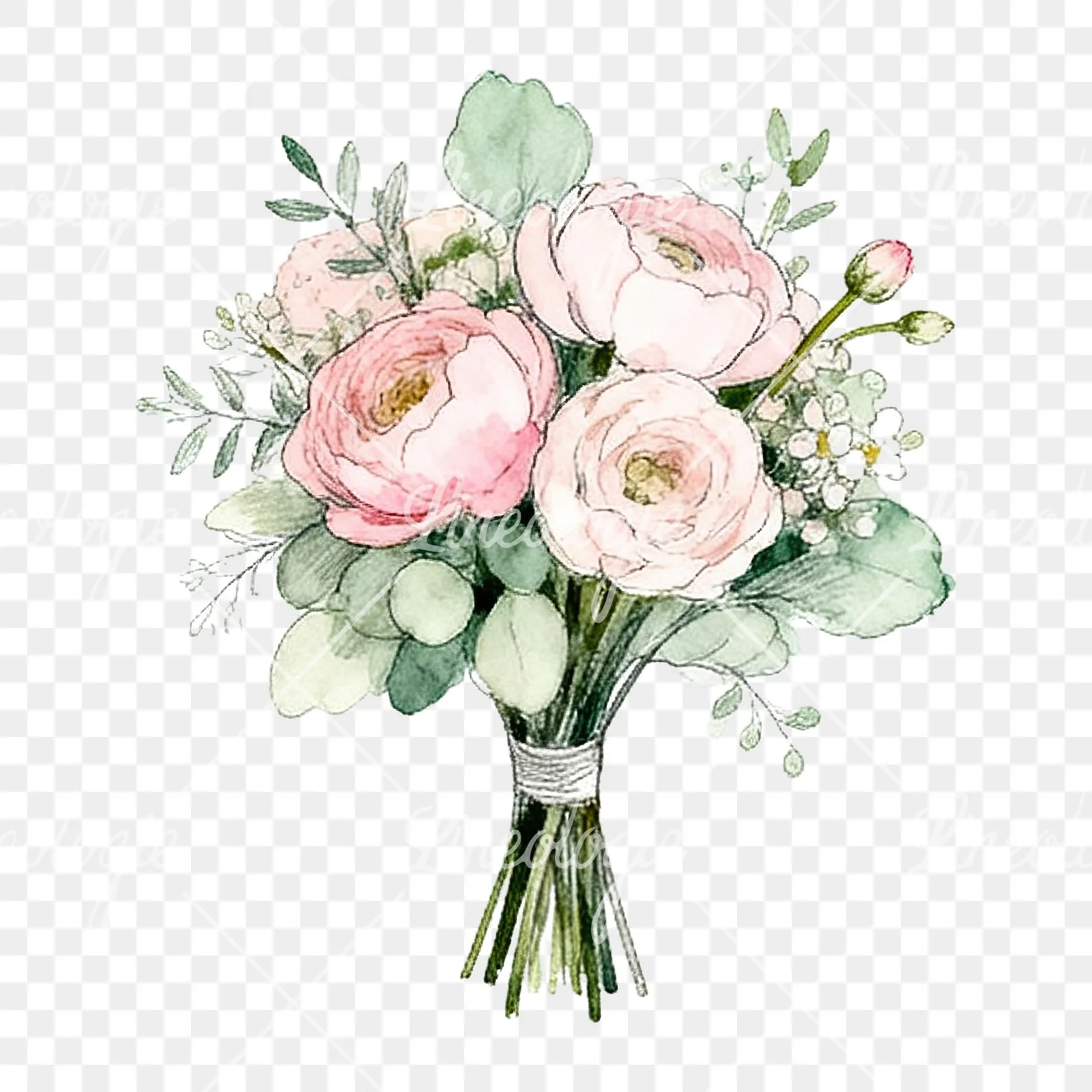 Watercolor pink and sage green wedding bouquet clipart 9 of 9 on a transparent background (PNG)