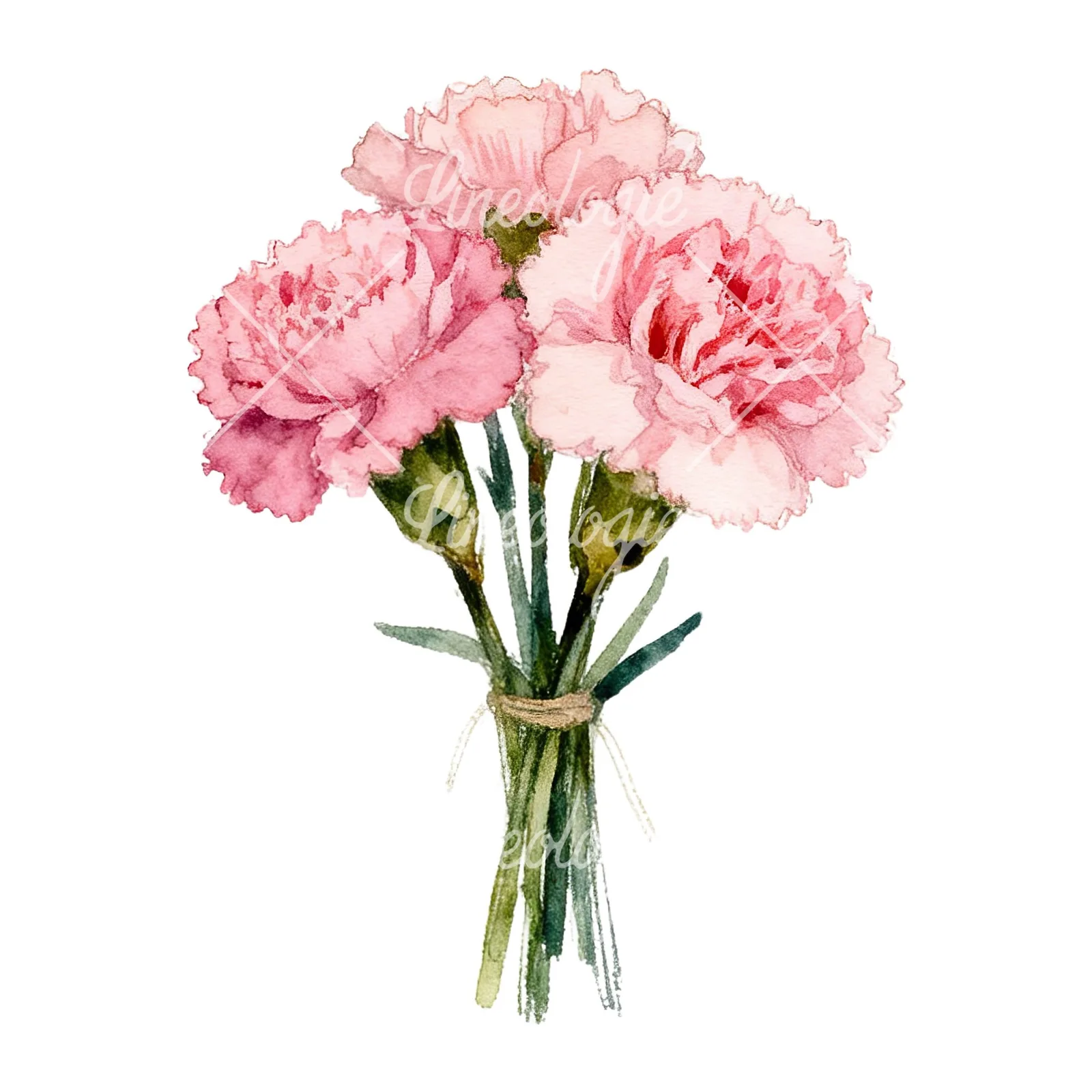 Watercolor loose pink carnation bouquet clipart 1 of 9 on a white background (JPG)